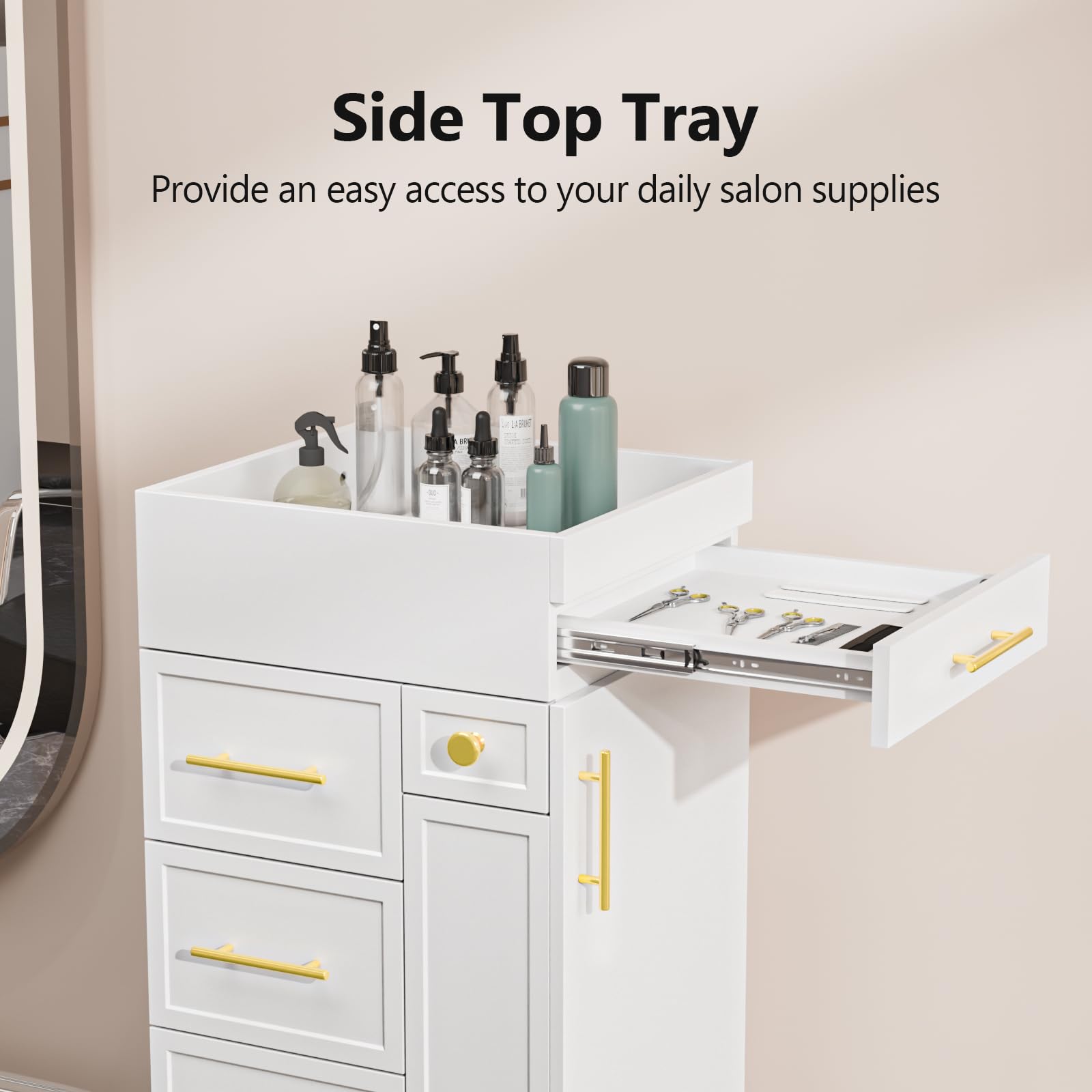OmySalon SCFD Wooden Mobile Salon Trolley Cart w/Wheels & 5 Drawers 1 Cabinet 3 Tool Holders