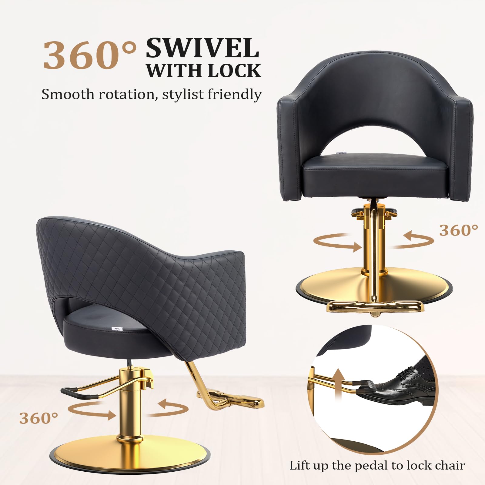 OmySalon SC3401 Heavy Duty 360° Swivel Styling Chair with Rhombus Stitch Pattern Back & Gold Footrest