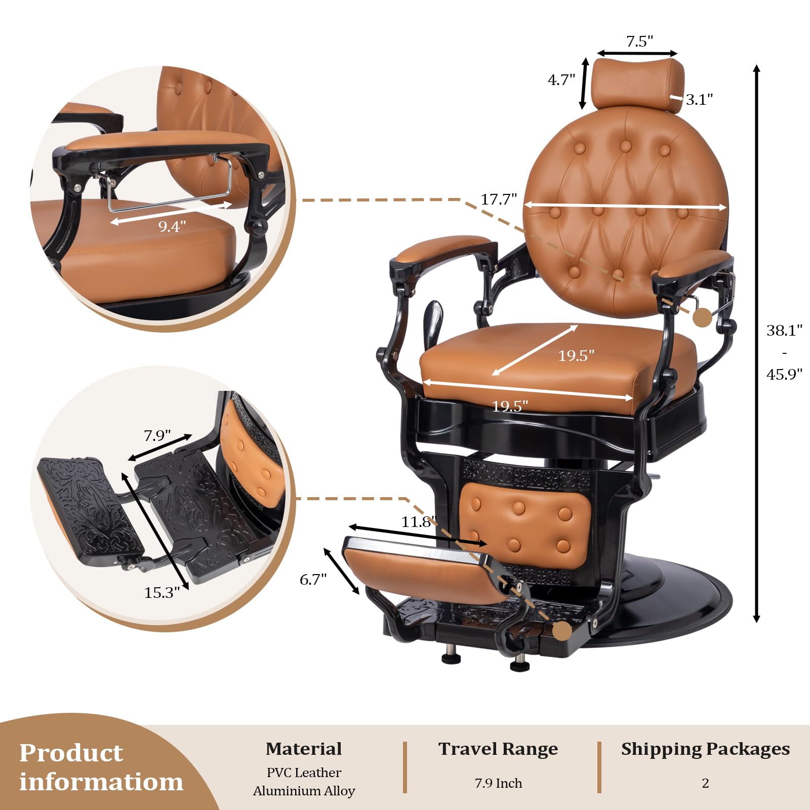 OmySalon BC1601 Vintage Style Heavy Duty Hydraulic Recline Barber Chair