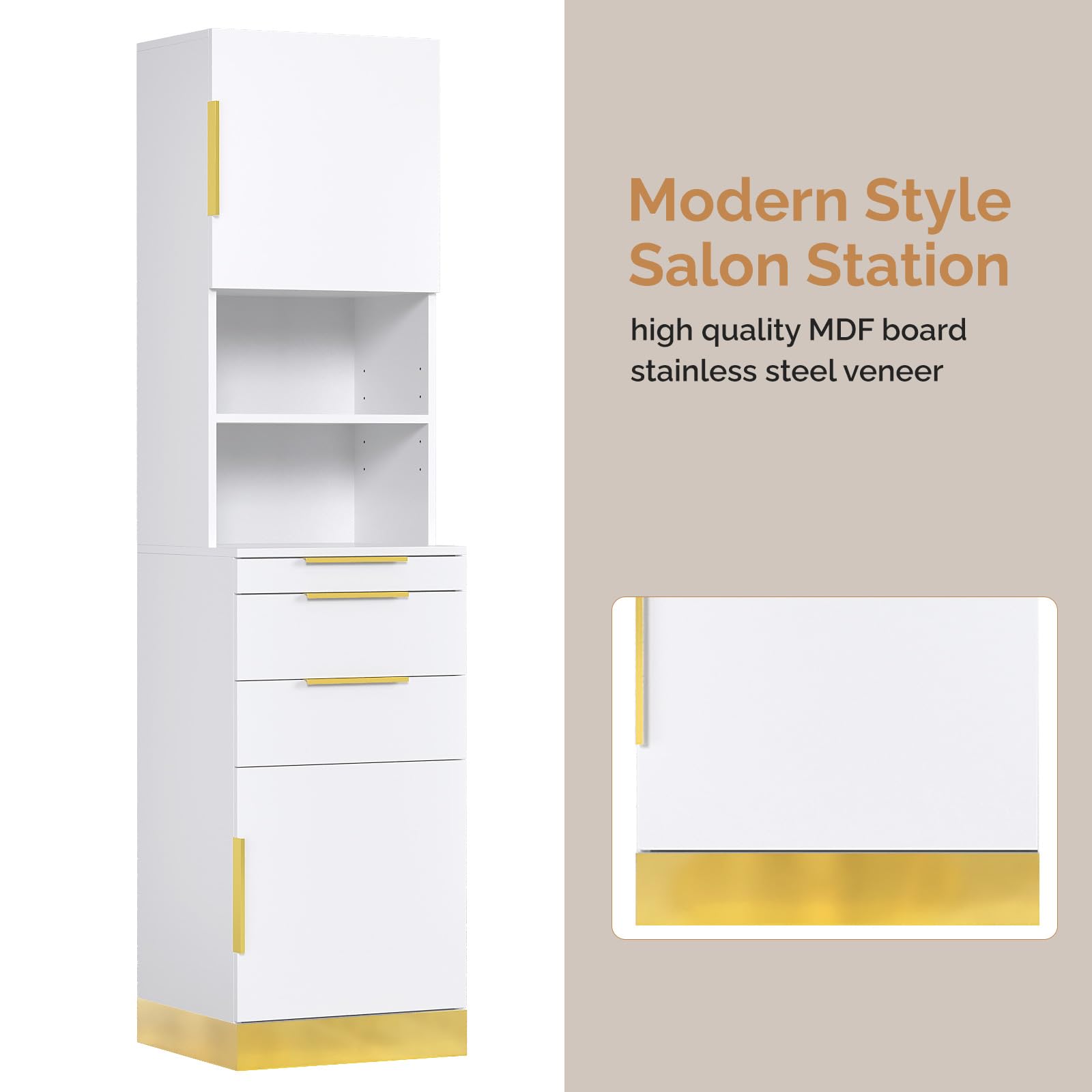 OmySalon HSCS Barber Storage Station Cabinet with 2 Drawers 2 Cabinets 2 Open Shelves 3 Hair Dryer Holders