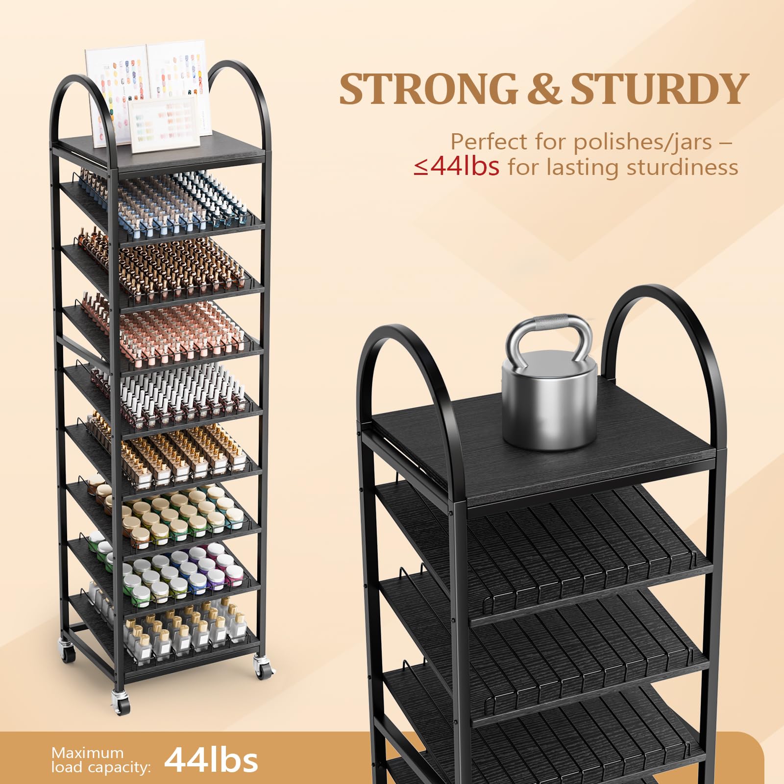 OmySalon 8-Tier Rolling Nail Polish & Powder Display Organizer Rack with Wheels