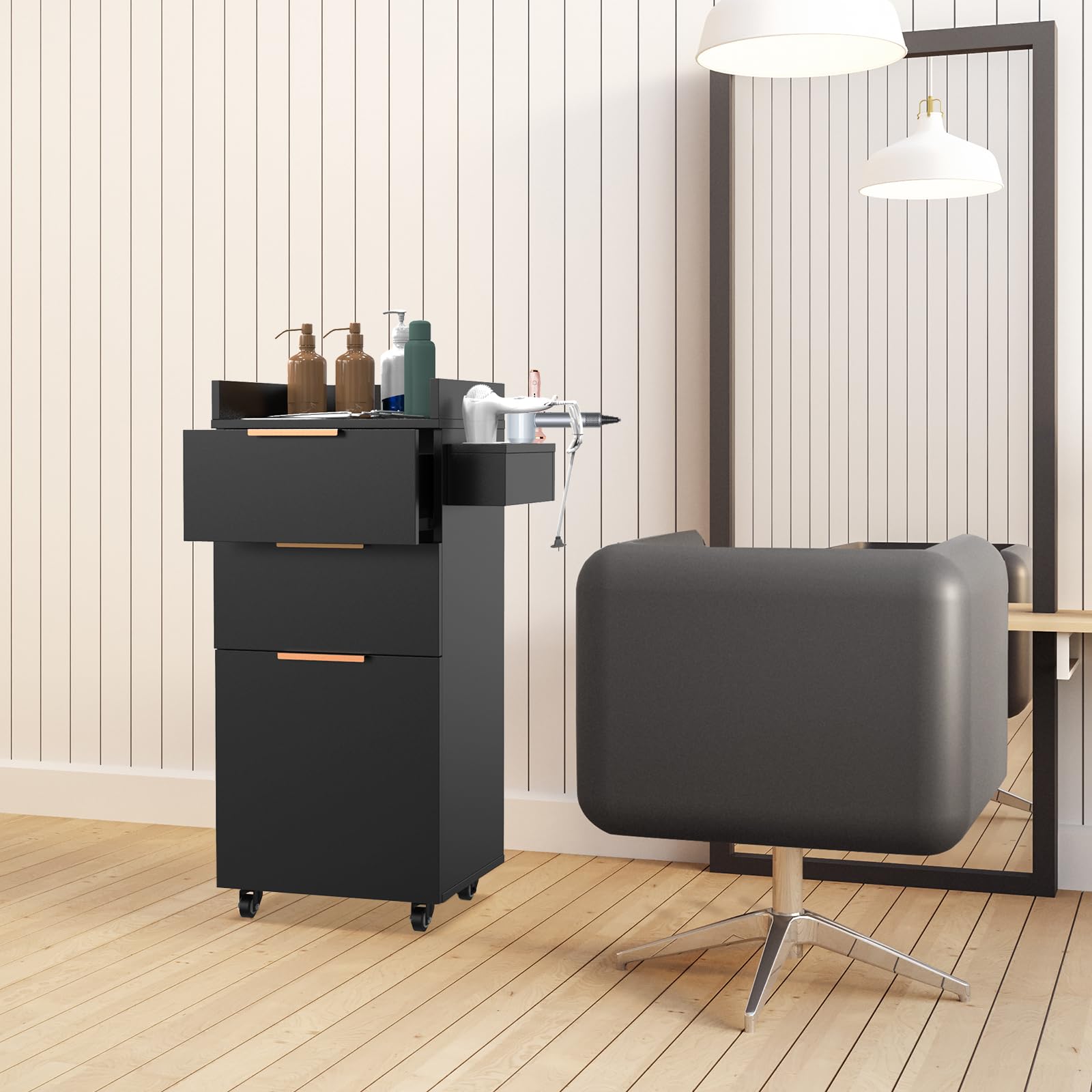 OmySalon ST-2001 Wooden Mobile Salon Trolley Cart w/Wheels & 2 Drawers 1 Storage Cabinet