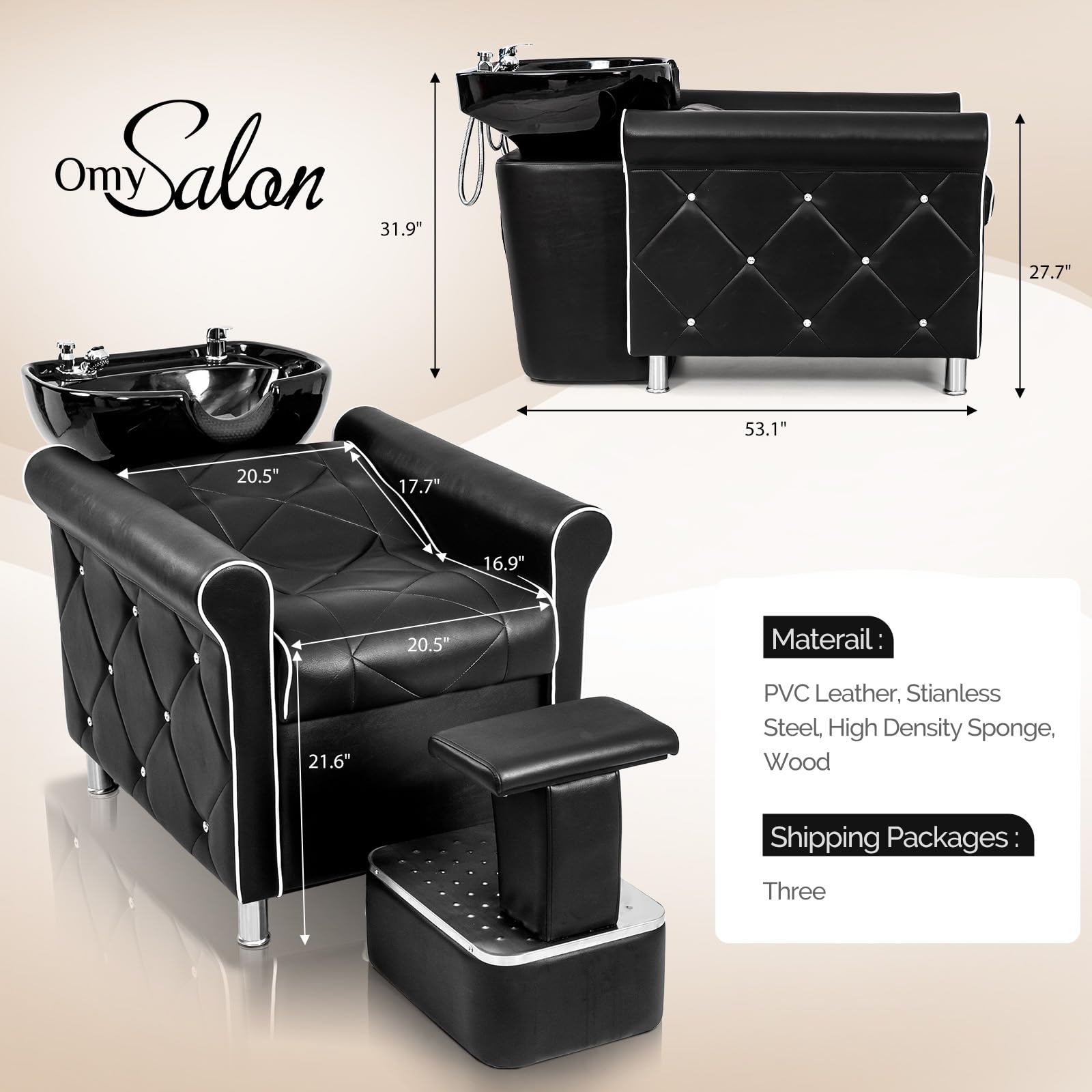 OmySalon BU1601 Salon Shampoo Bowl and Chair Backwash Unit with Large Porcelain Bowl & Independent Footrest