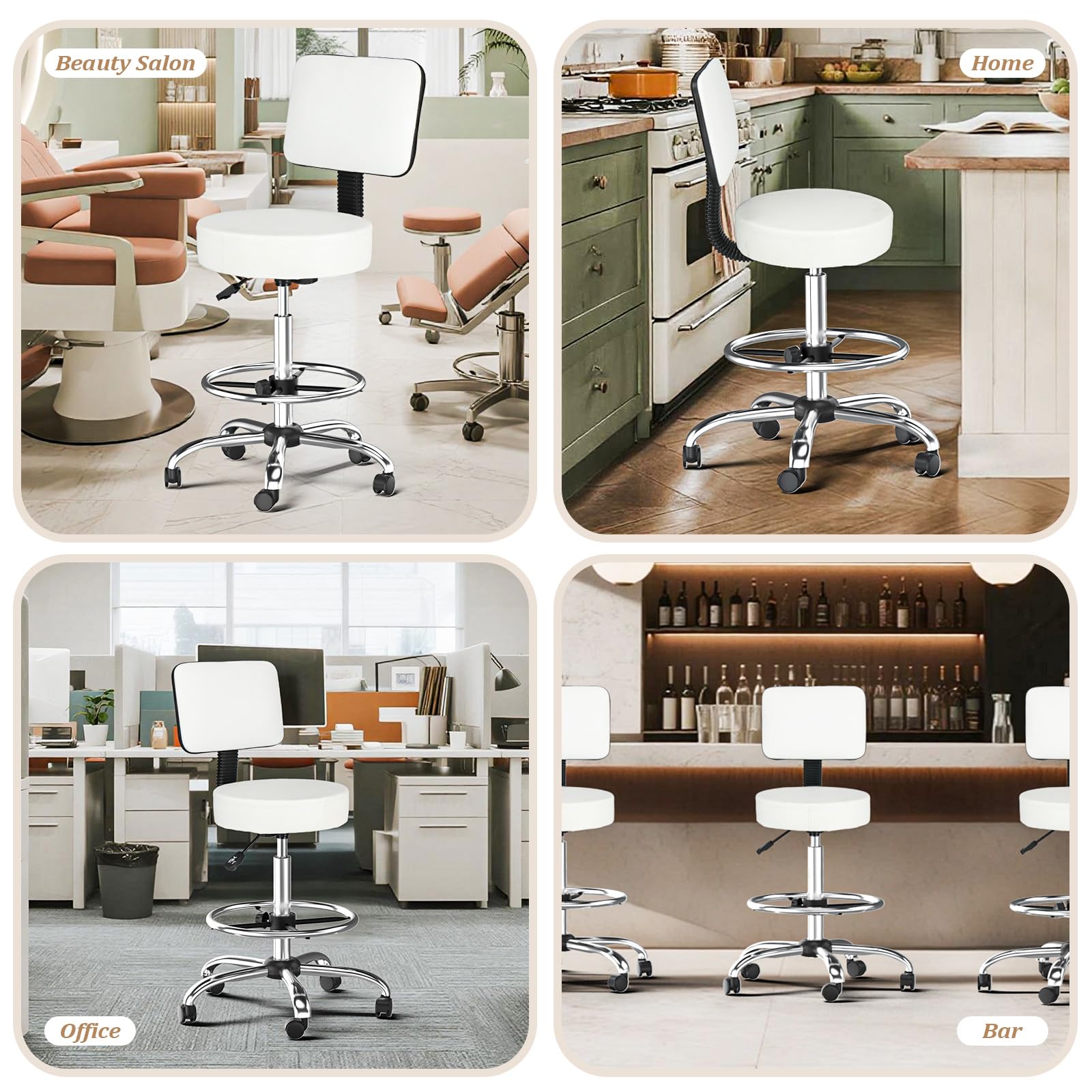 OmySalon Adjustable Thick Seat Cushion Rolling Stool with Back Support & Footrest
