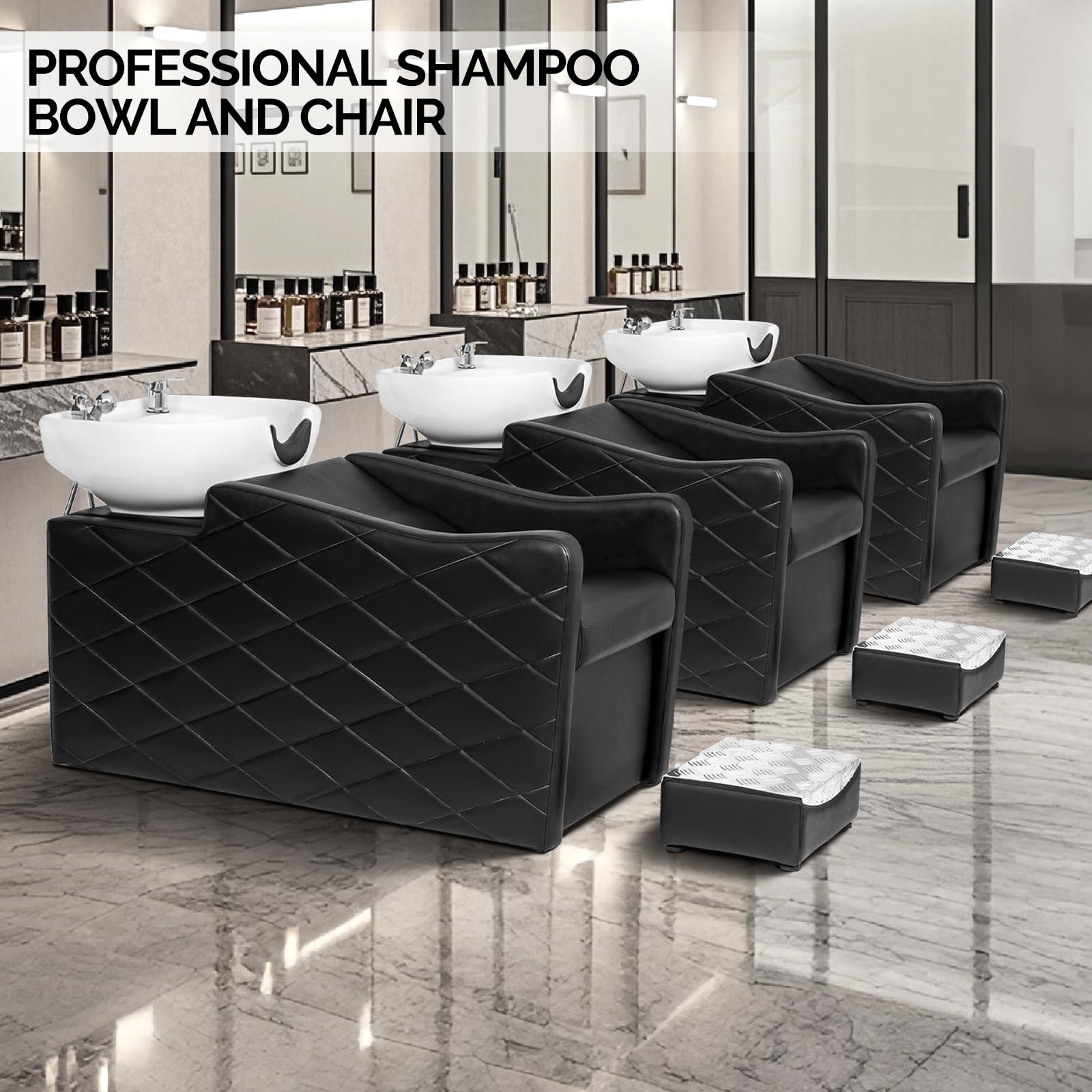 OmySalon BU1701 Salon Shampoo Bowl and Chair Backwash Unit with Large Ceramic Bowl & Freestanding Ottoman
