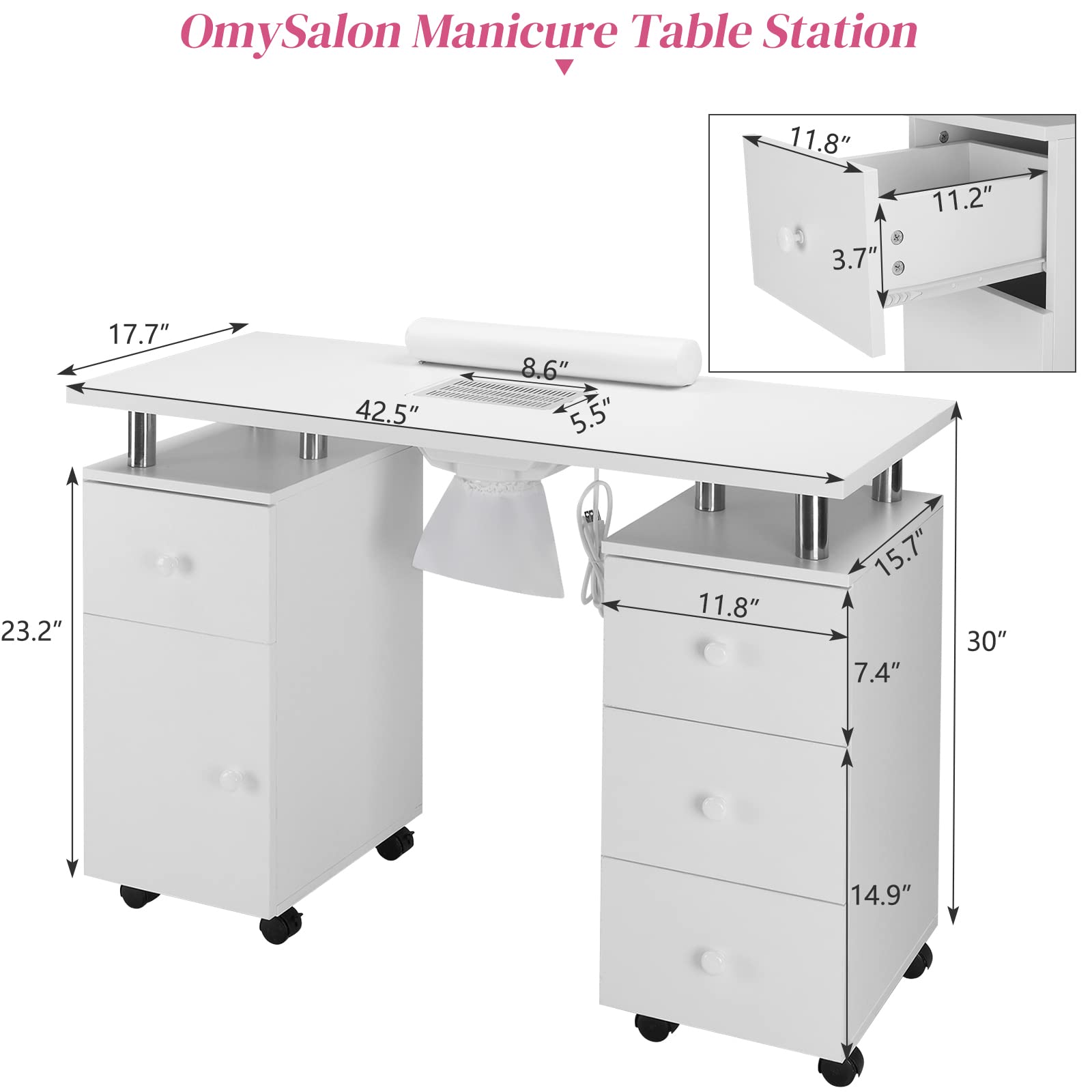 Omysalon MT-DC Nail Manicure Table w/Electric Dust Collector & Wrist Rest & 2 Open Spaces 1 Side Cabinet 4 Drawers