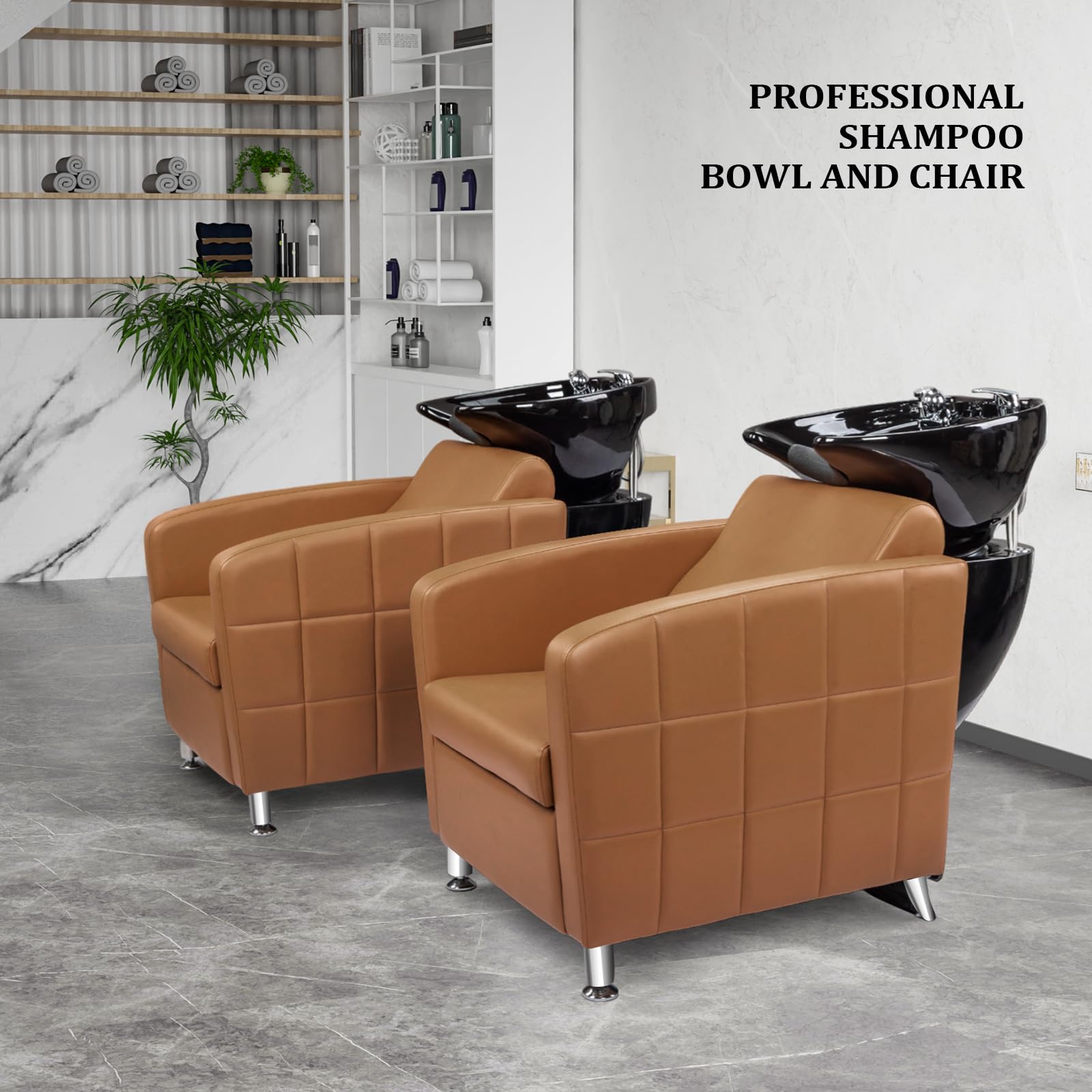 OmySalon BU1401 Salon Shampoo Bowl and Chair Backwash Unit with Extra Wide Seat & Porcelain Hair Washing Sink