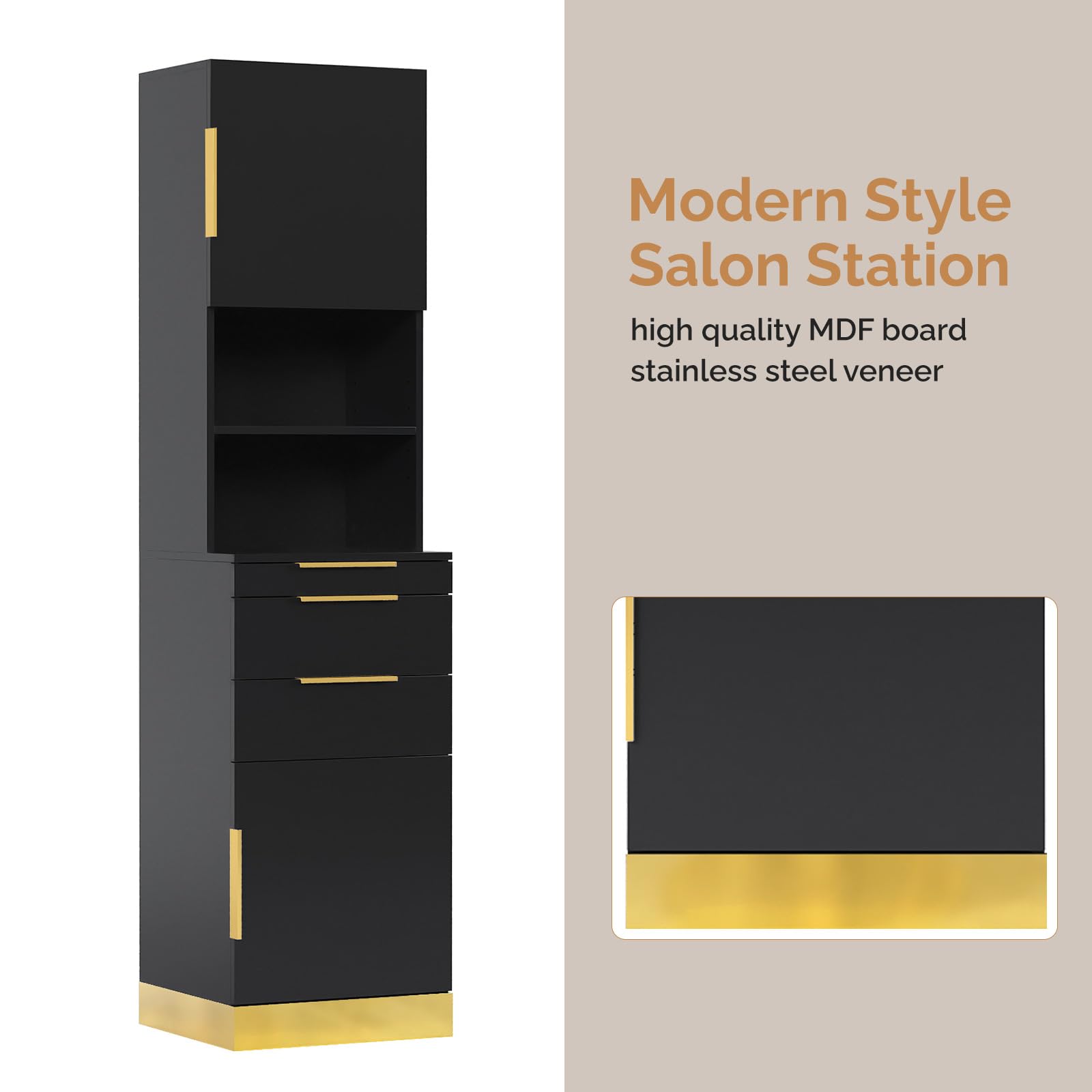 OmySalon HSCS Barber Storage Station Cabinet with 2 Drawers 2 Cabinets 2 Open Shelves 3 Hair Dryer Holders