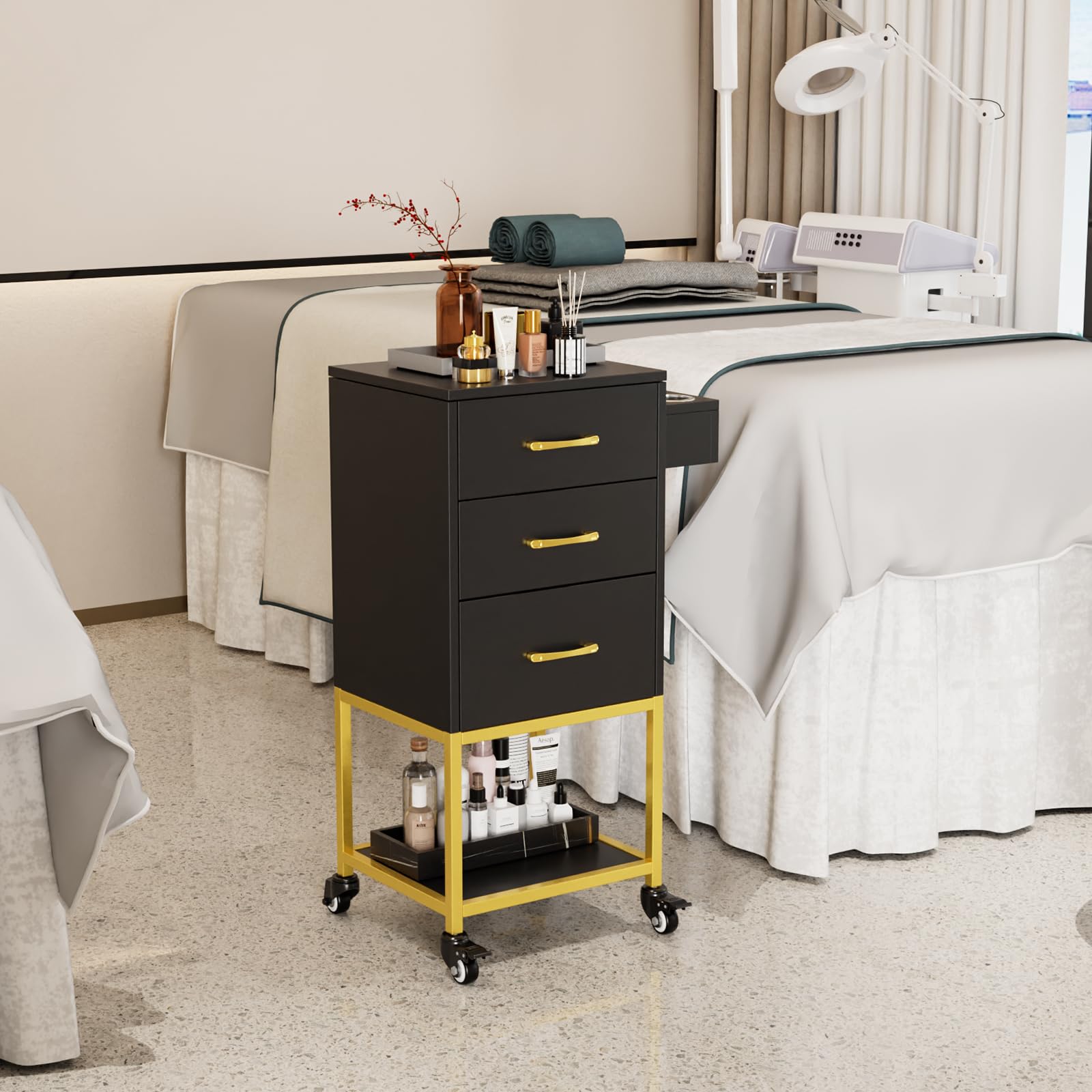 OmySalon ST-2501 Wooden Rolling Storage Trolley Cart w/Wheels & 3 Dreawers 1 Bottom Compartment Plate Hair Dryer Holders