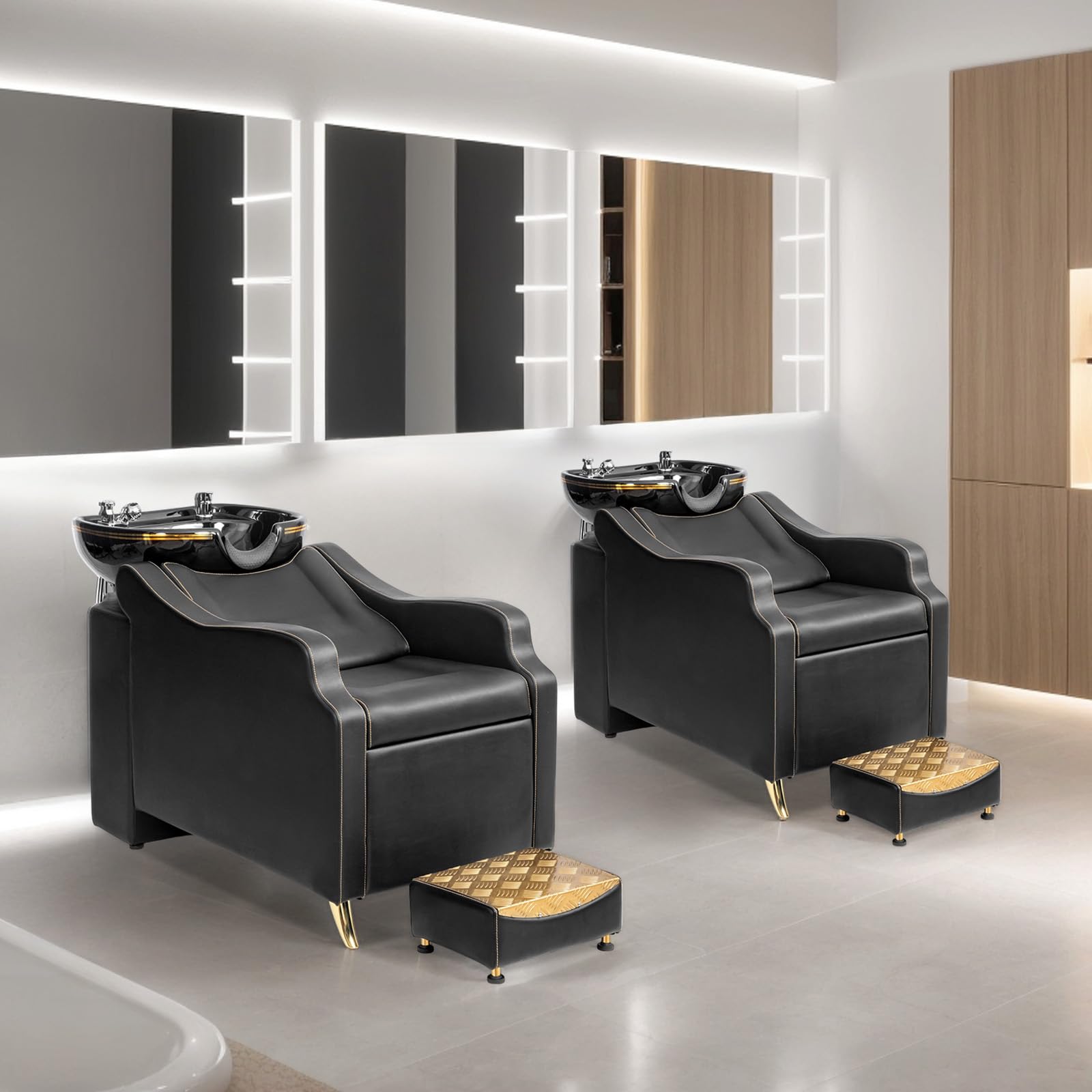OmySalon BU1301 Salon Shampoo Bowl and Chair Backwash Unit with Extra Large Ceramic Bowl & Freestanding Ottoman