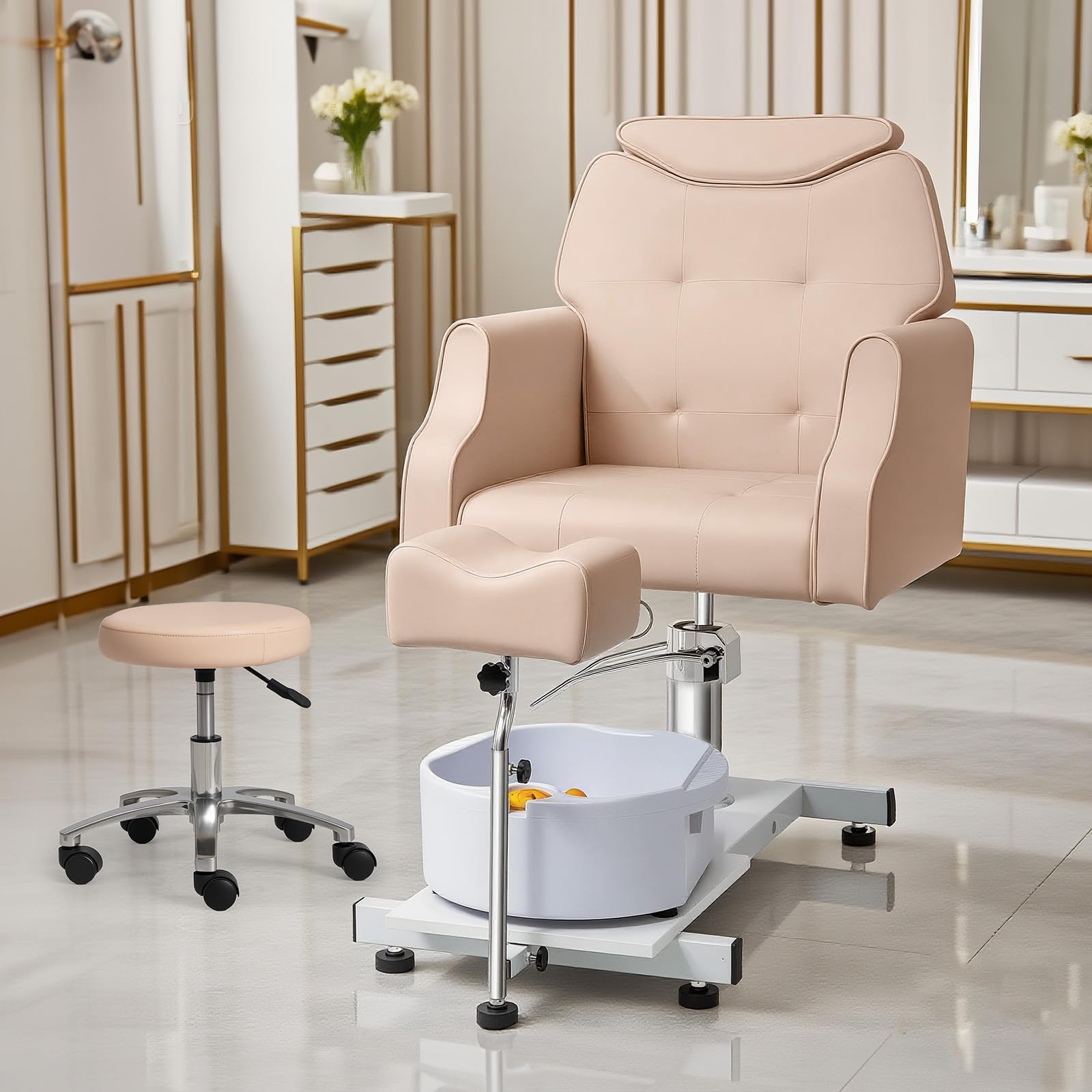 OmySalon PCM-WB 360° Rotation Hydraulic Pedicure Chair with Bubble Massage Foot Bath & Rolling Stool