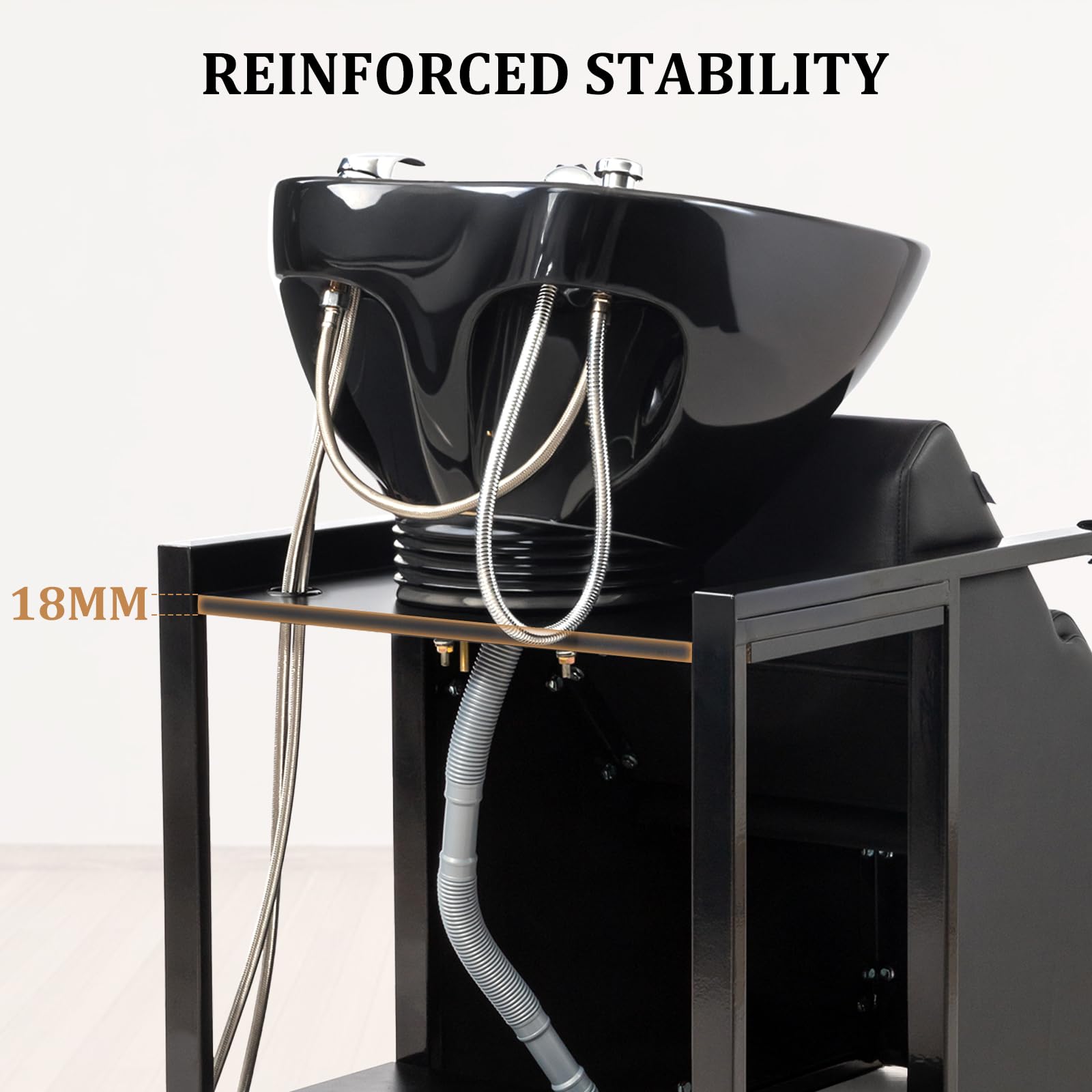 OmySalon BU2201 Salon Shampoo Backwash Chair Unit with Tilting Ceramic Bowl & Storage Shelf