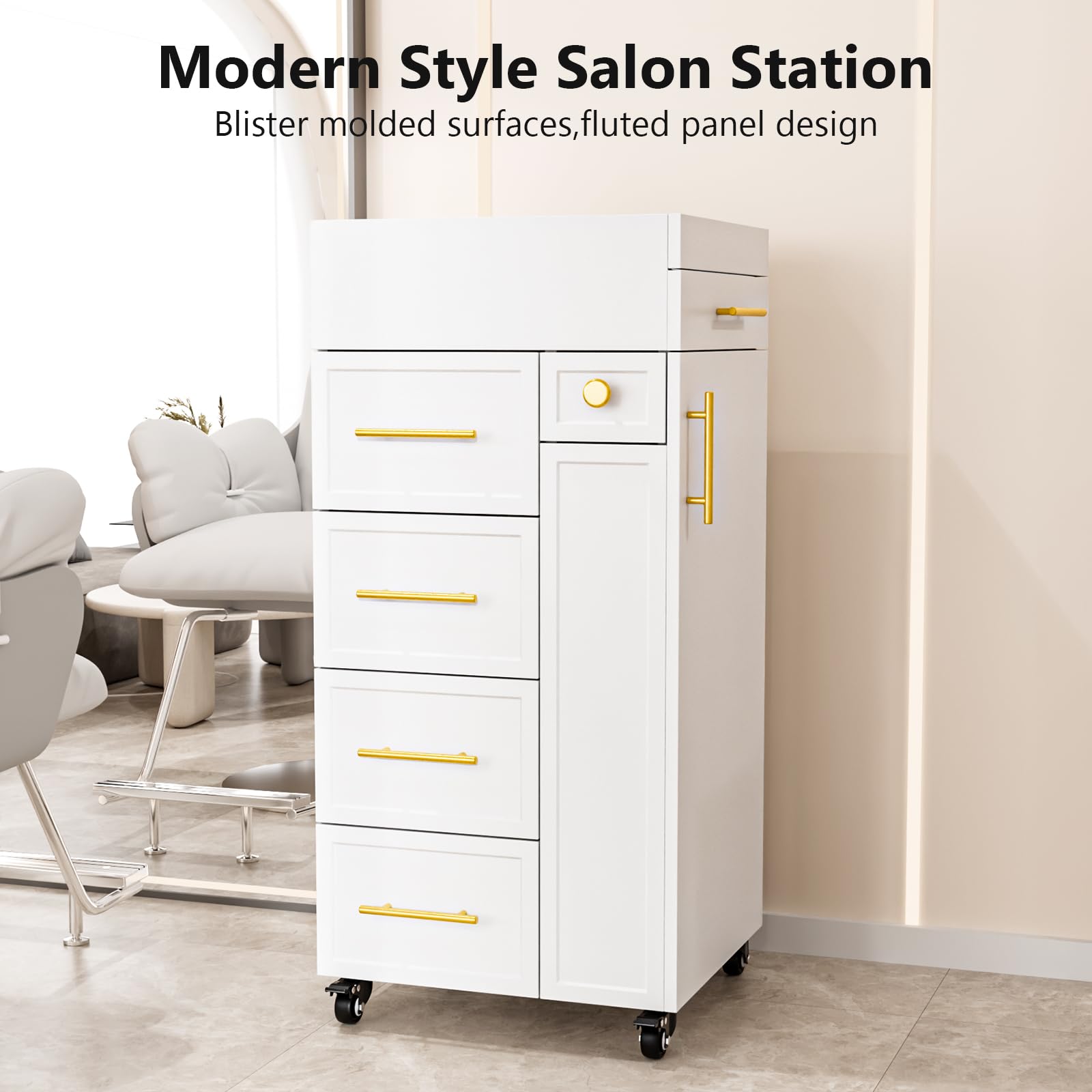 OmySalon SCFD Wooden Mobile Salon Trolley Cart w/Wheels & 5 Drawers 1 Cabinet 3 Tool Holders