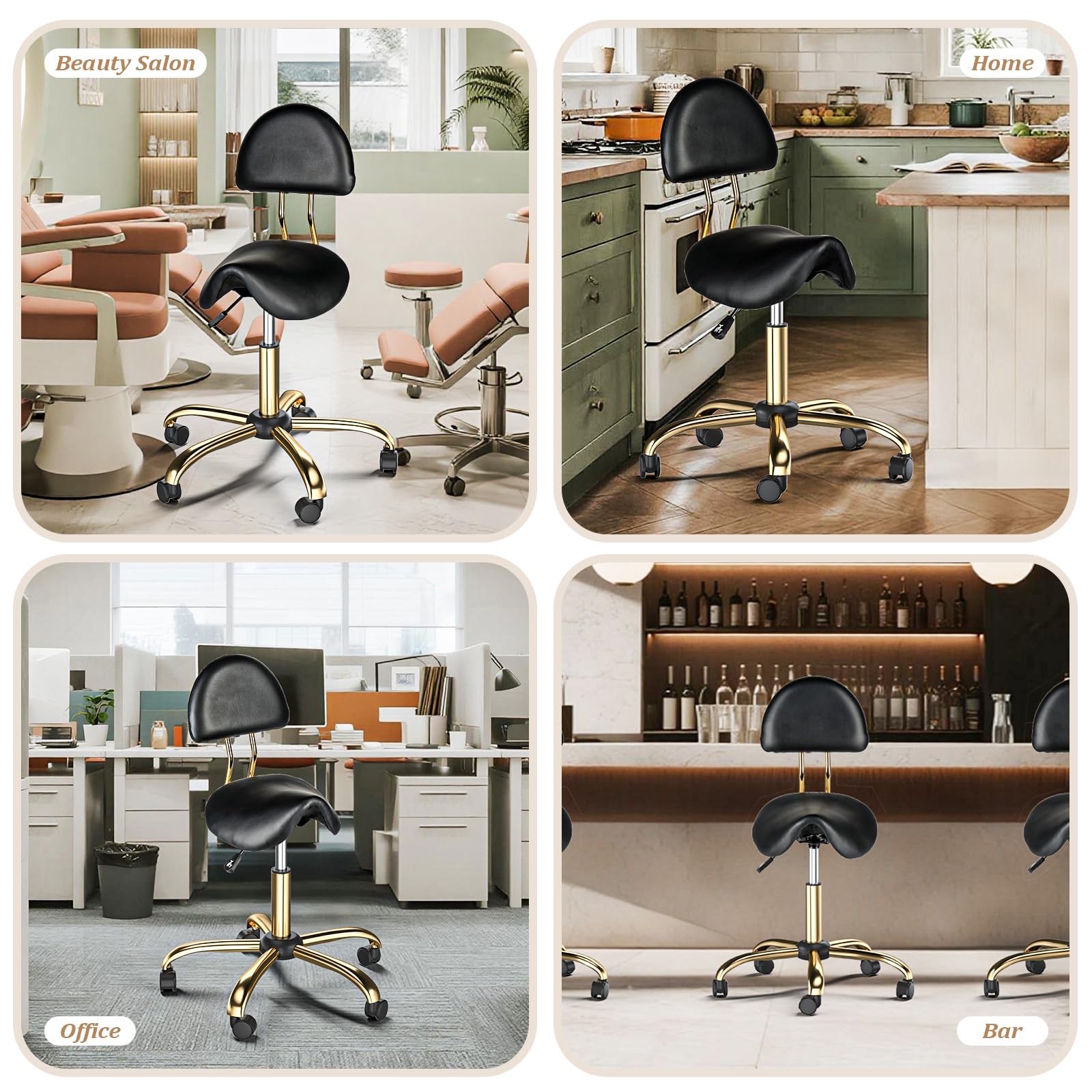 OmySalon Hydraulic Adjustable Rolling Saddle Stool with Back Support