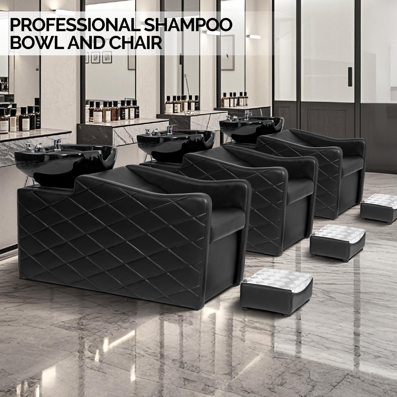 OmySalon BU1701 Salon Shampoo Bowl and Chair Backwash Unit with Large Ceramic Bowl & Freestanding Ottoman