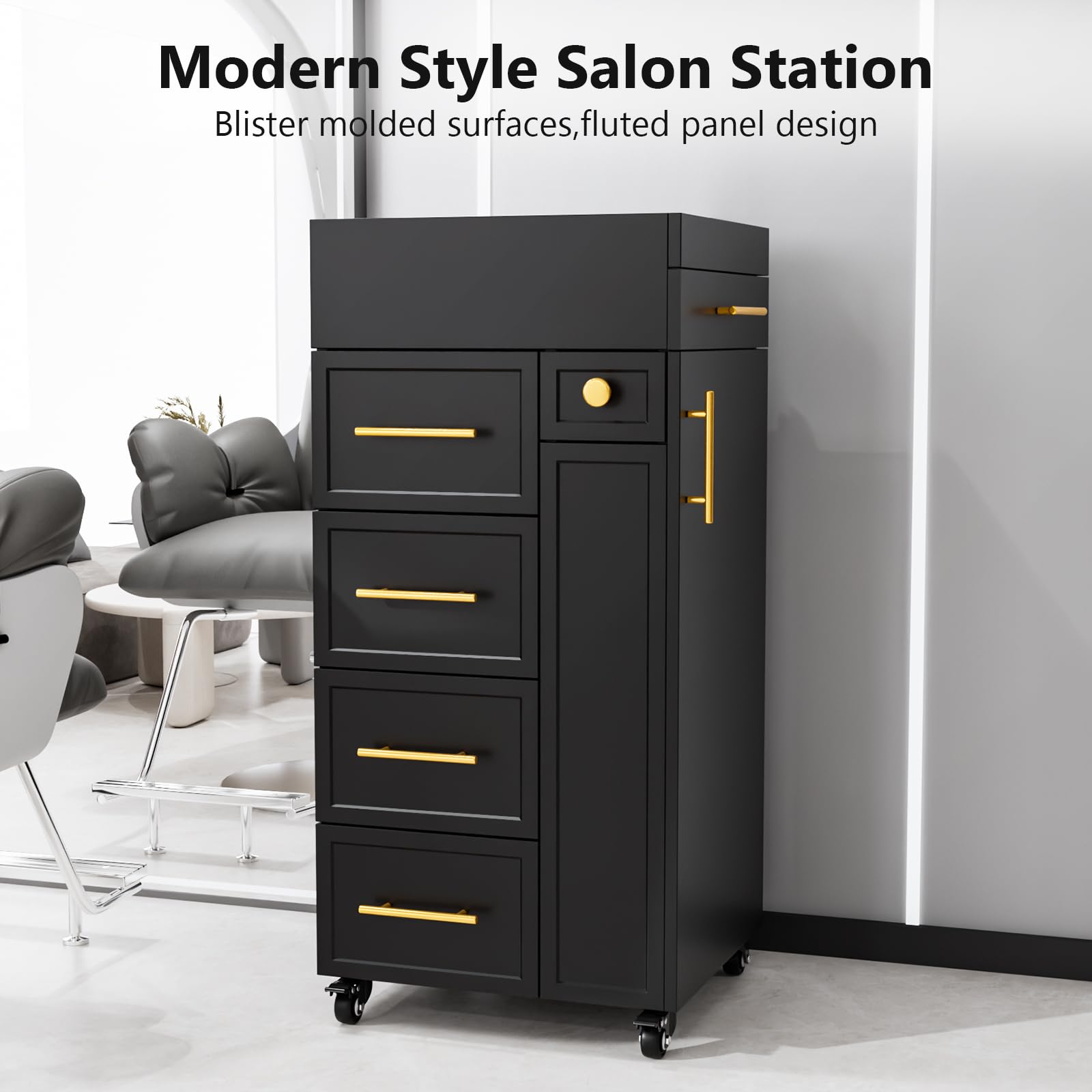OmySalon SCFD Wooden Mobile Salon Trolley Cart w/Wheels & 5 Drawers 1 Cabinet 3 Tool Holders