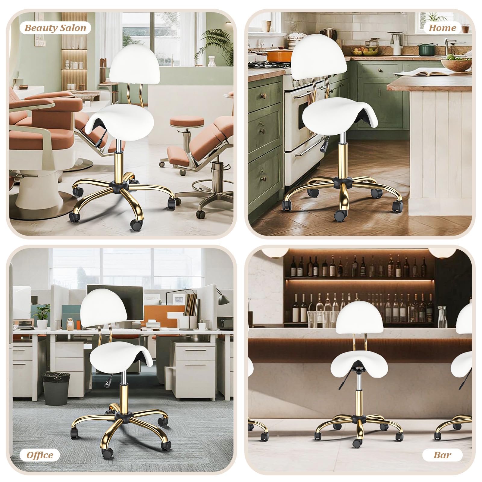 OmySalon Hydraulic Adjustable Rolling Saddle Stool with Back Support