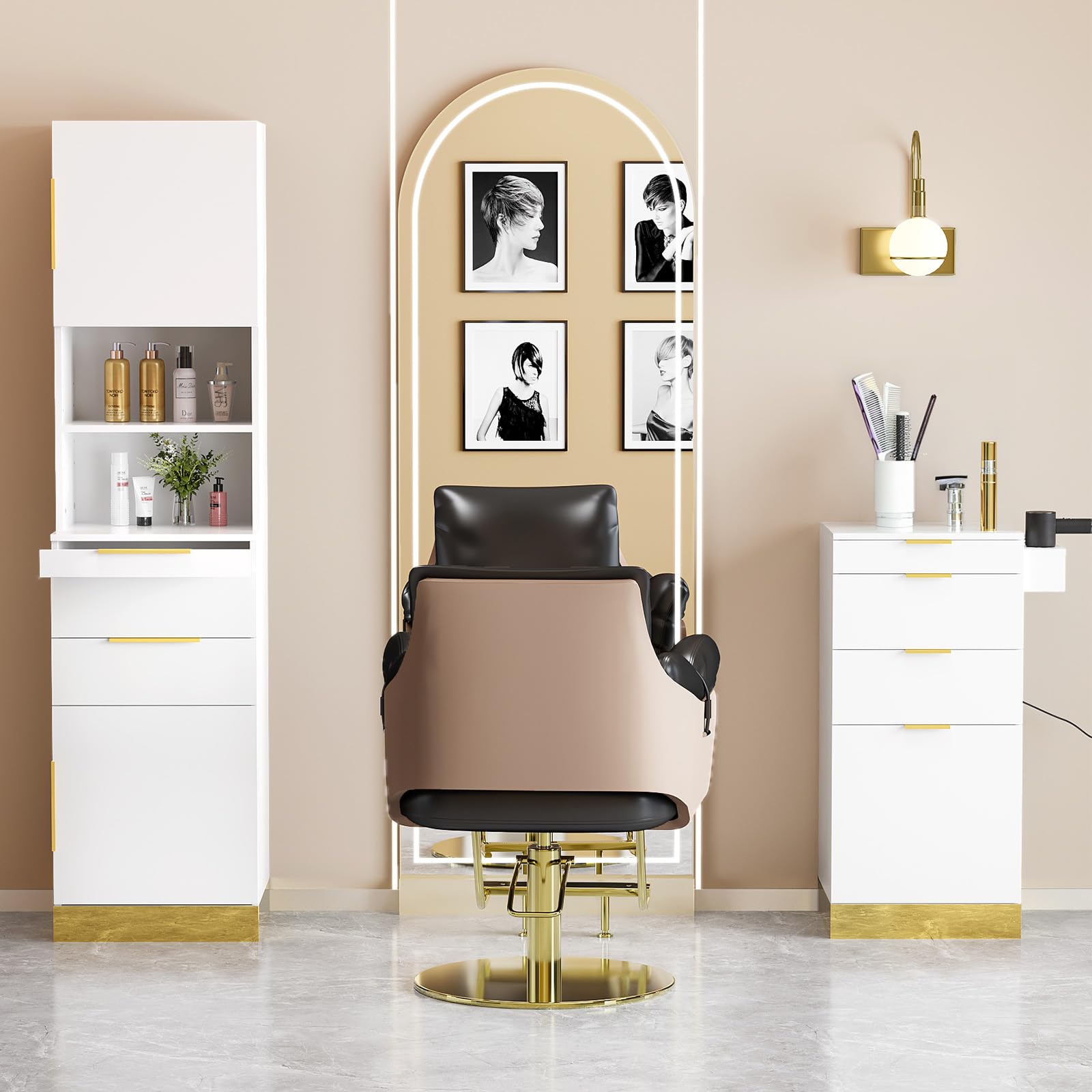 OmySalon HSCS Barber Storage Station Cabinet with 2 Drawers 2 Cabinets 2 Open Shelves 3 Hair Dryer Holders