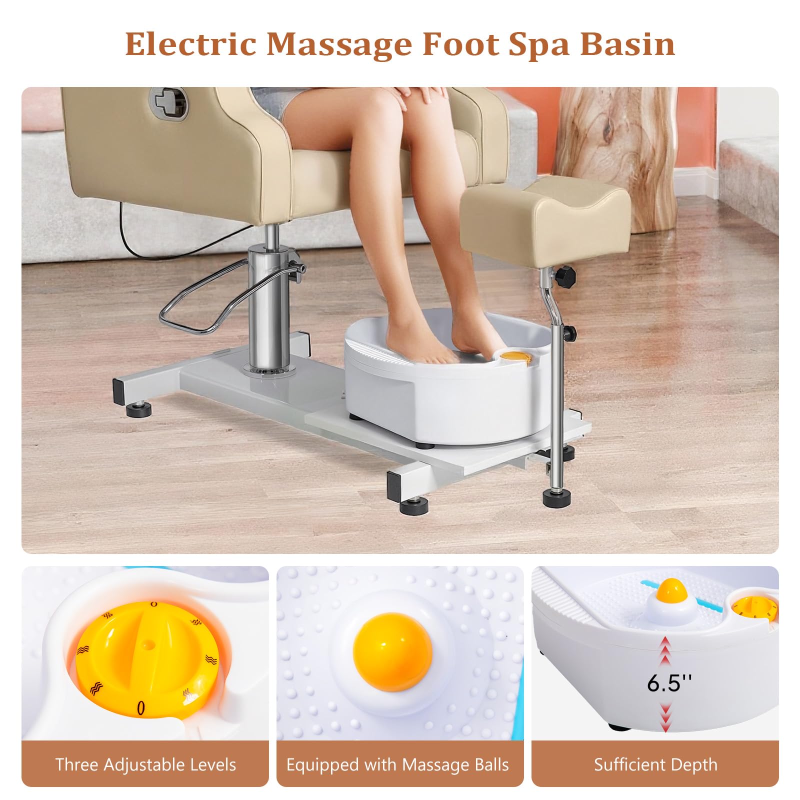 OmySalon PCM-WB 360° Rotation Hydraulic Pedicure Chair with Bubble Massage Foot Bath & Rolling Stool