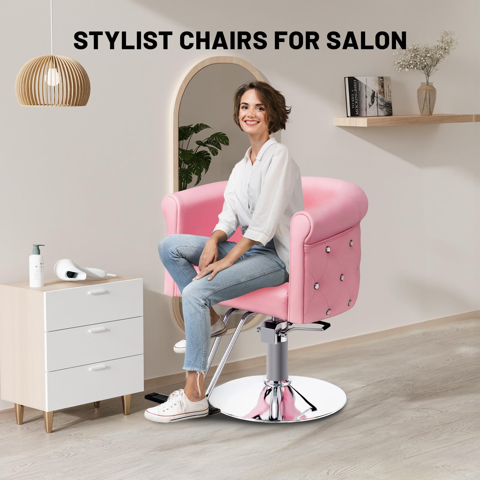 OmySalon SC3101 Modern Heavy Duty Hydraulic Swivel Hair Stylist Salon Chair w/Curved Backrest and Acrylic Button Accents