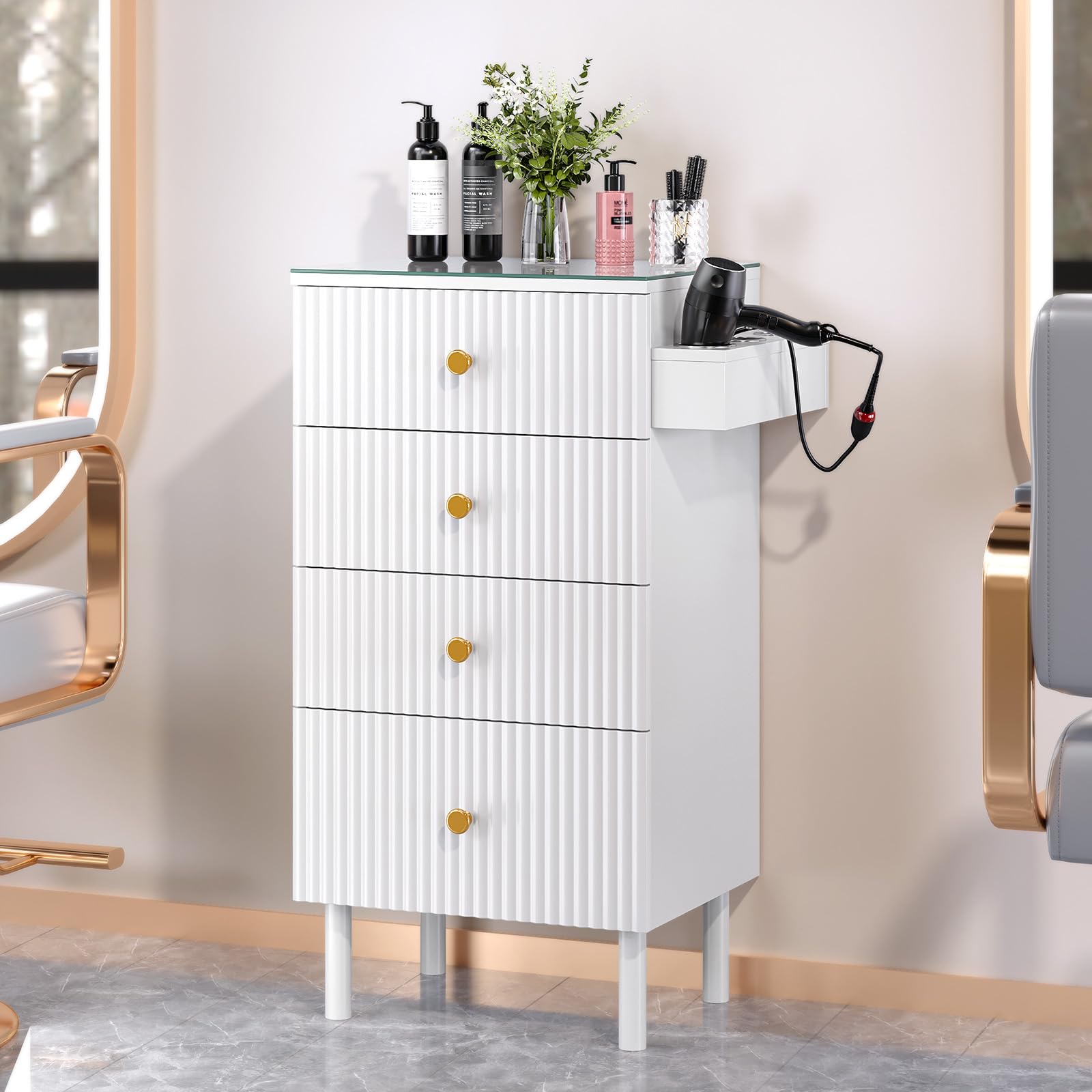 OmySalon SCWG Salon Styling Storage Station with Removable Glass Top & 4 Drawers 3 Hot Tool Holders
