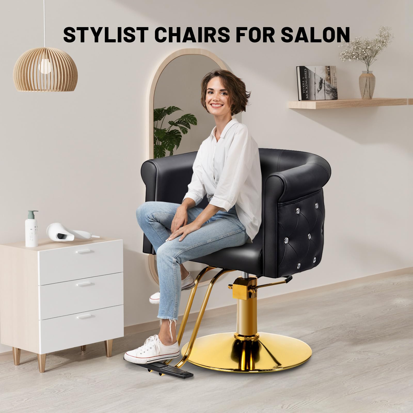 OmySalon SC3101 Modern Heavy Duty Hydraulic Swivel Hair Stylist Salon Chair w/Curved Backrest and Acrylic Button Accents