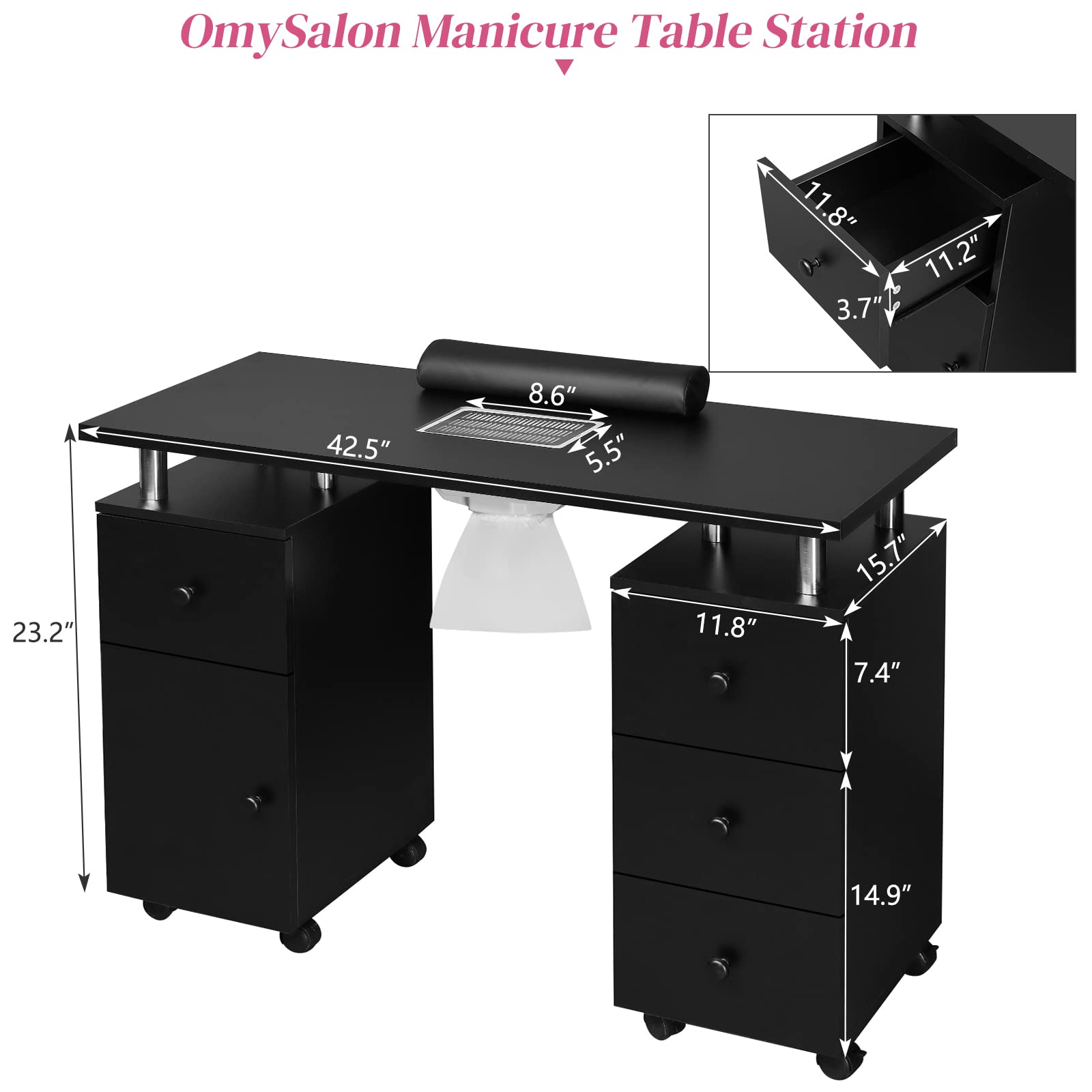 Omysalon MT-DC Nail Manicure Table w/Electric Dust Collector & Wrist Rest & 2 Open Spaces 1 Side Cabinet 4 Drawers