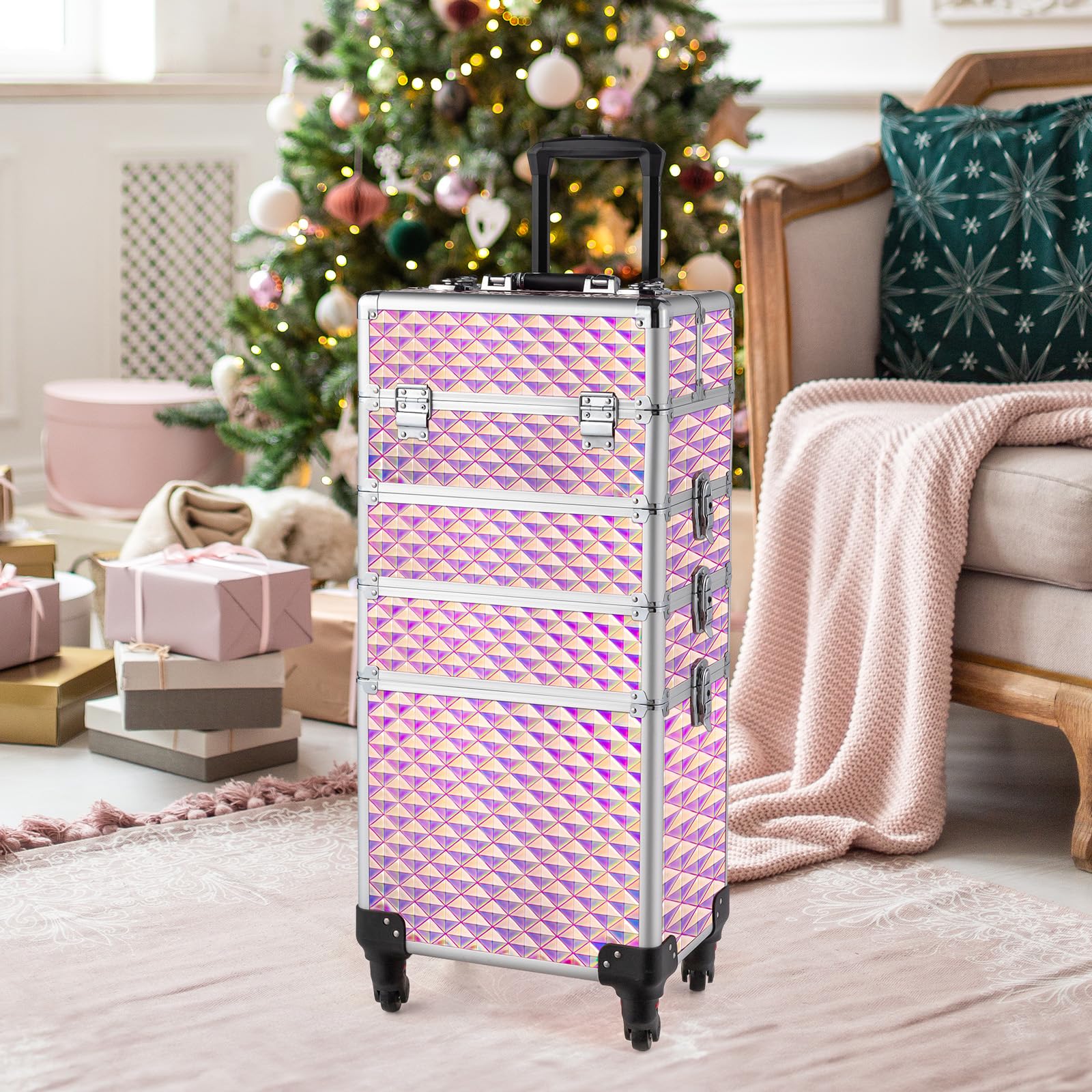OmySalon 4-in-1 Aluminum Lockable Rolling Makeup Train Case