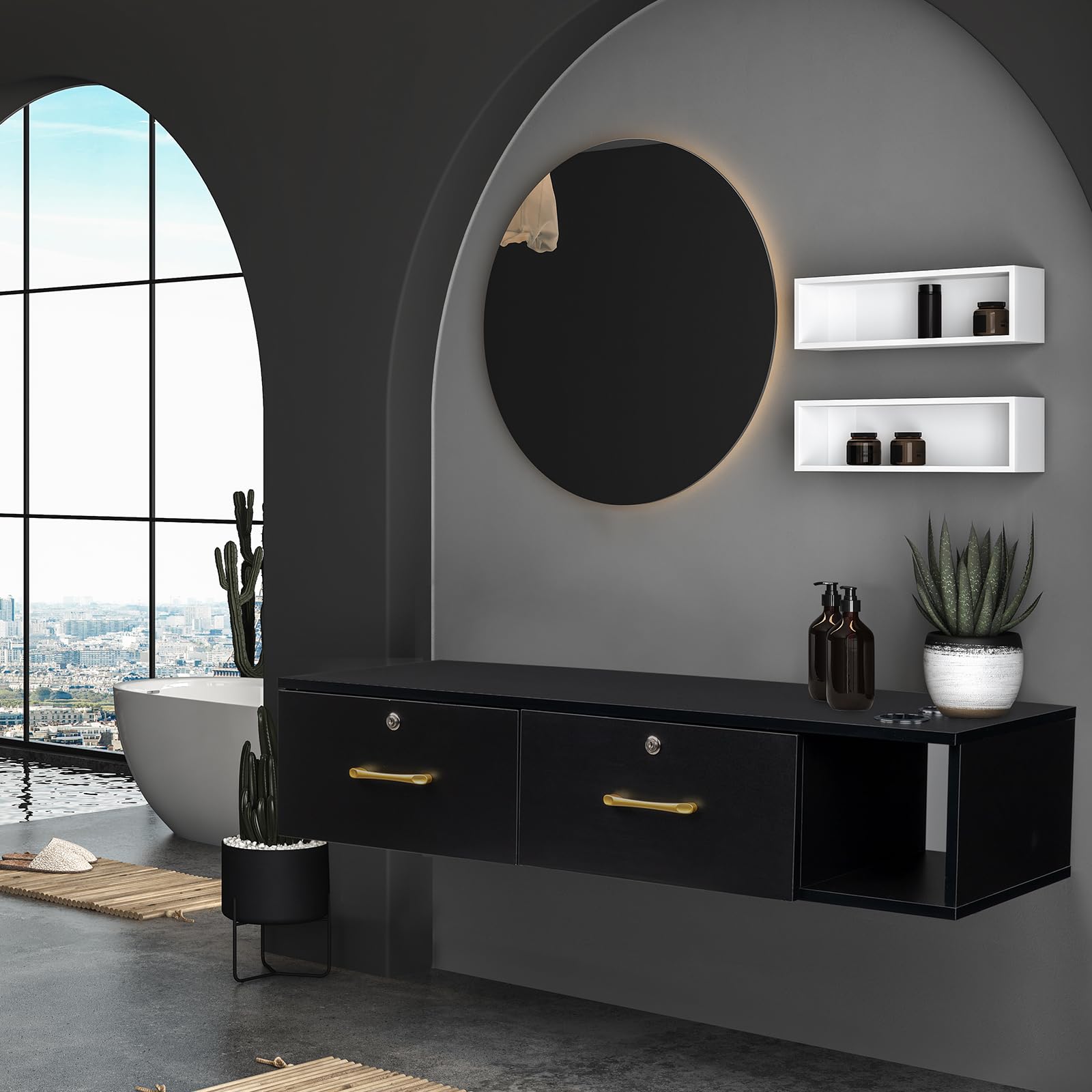 OmySalon PH467 Wall Mount Salon Styling Station w/2 Lockable Drawers 1 Side Open Space 3 Hair Dryer Holders