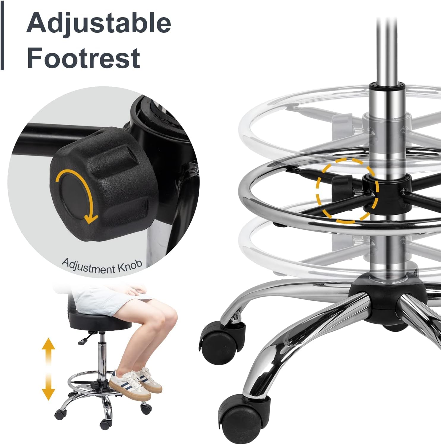 OmySalon Adjustable Thick Seat Cushion Rolling Stool with Back Support & Footrest