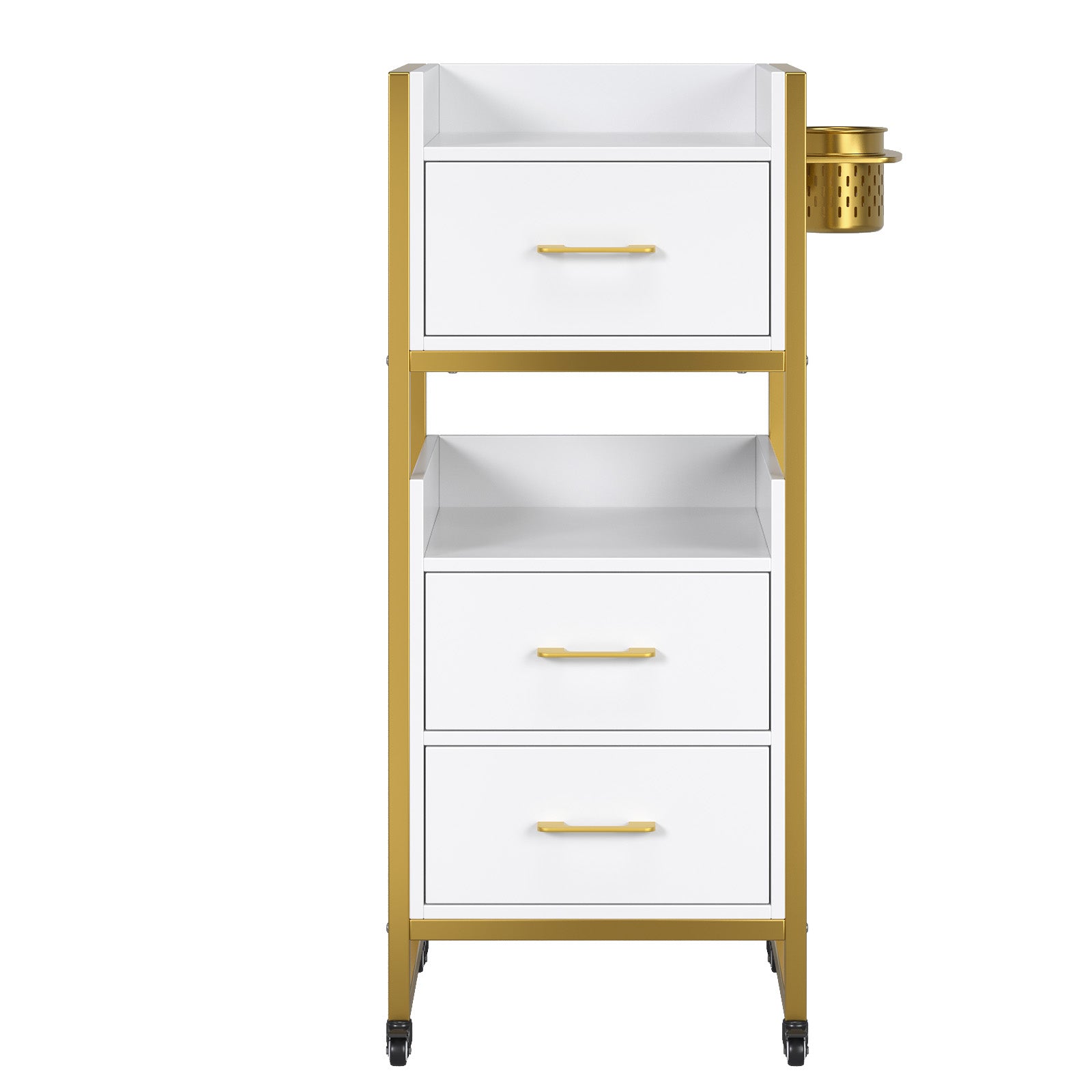 OmySalon WSCTD Wooden Mobile Salon Trolley Cart w/Wheels & 3 Drawers 2 Open Shelves 2 Tool Holders