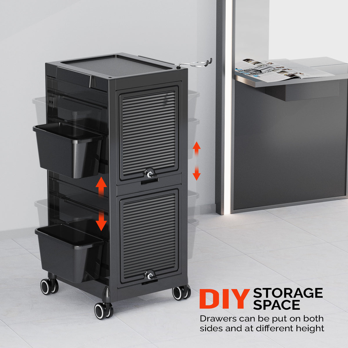 OmySalon ST1802 Rolling Salon Trolley Cart w/Wheels & 2 Lockable Doors 4 Drawers 2 Buckets 1 Dryer Holder