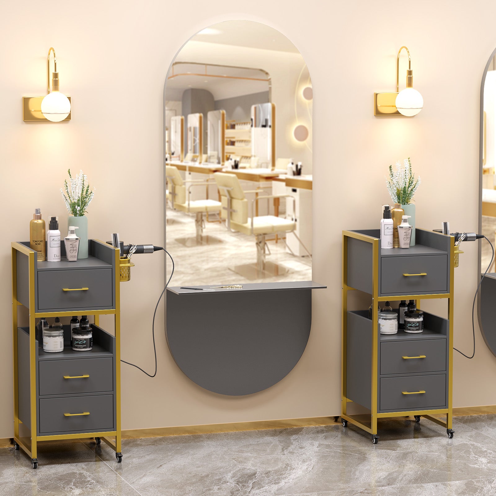 OmySalon WSCTD Wooden Mobile Salon Trolley Cart w/Wheels & 3 Drawers 2 Open Shelves 2 Tool Holders