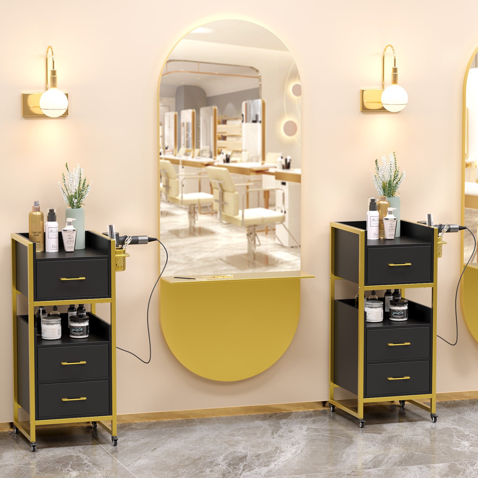 OmySalon WSCTD Wooden Mobile Salon Trolley Cart w/Wheels & 3 Drawers 2 Open Shelves 2 Tool Holders