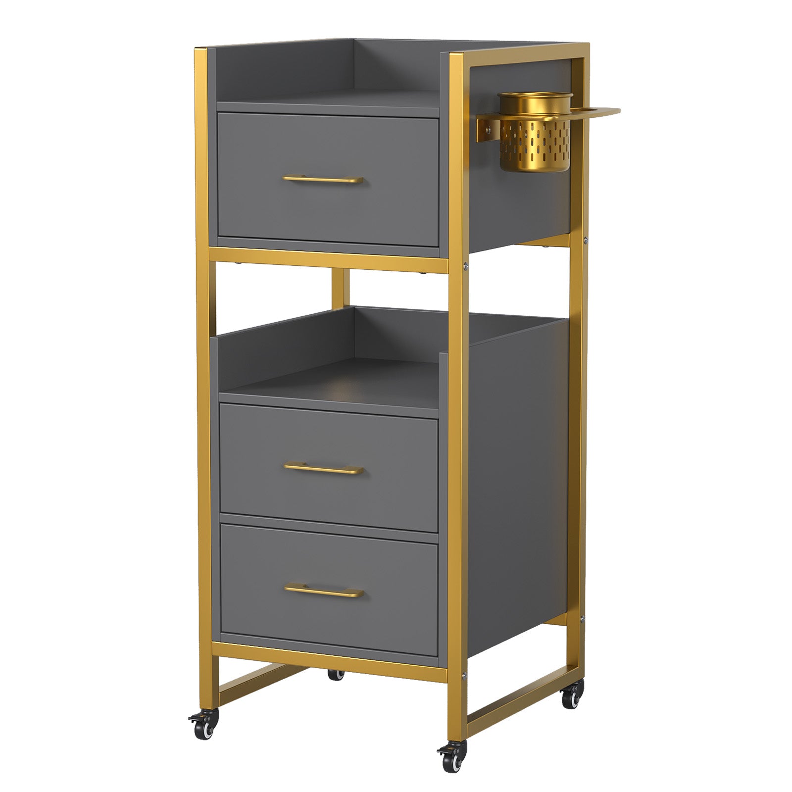 OmySalon WSCTD Wooden Mobile Salon Trolley Cart w/Wheels & 3 Drawers 2 Open Shelves 2 Tool Holders