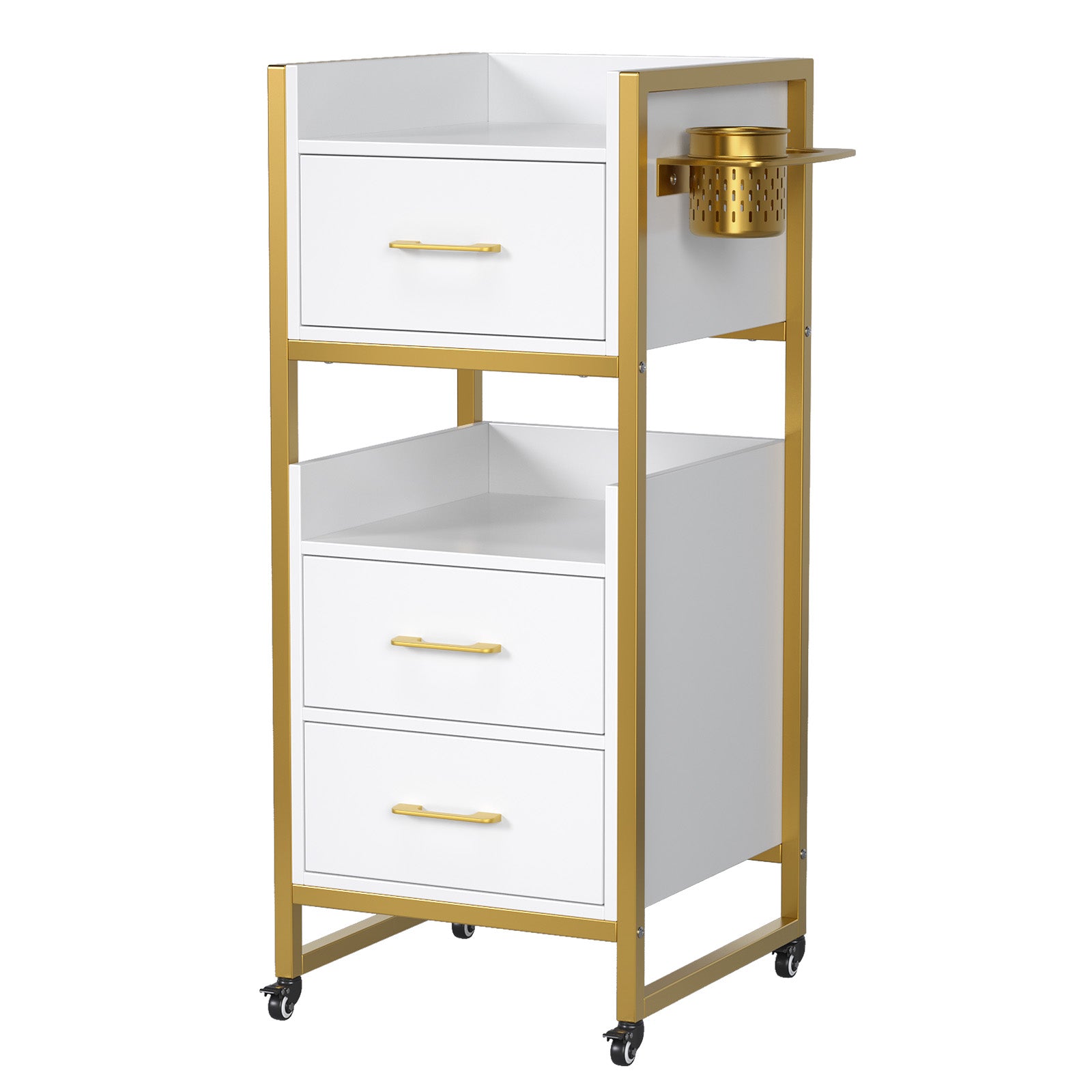 OmySalon WSCTD Wooden Mobile Salon Trolley Cart w/Wheels & 3 Drawers 2 Open Shelves 2 Tool Holders