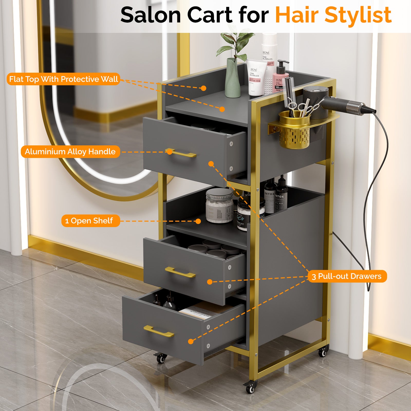 OmySalon WSCTD Wooden Mobile Salon Trolley Cart w/Wheels & 3 Drawers 2 Open Shelves 2 Tool Holders