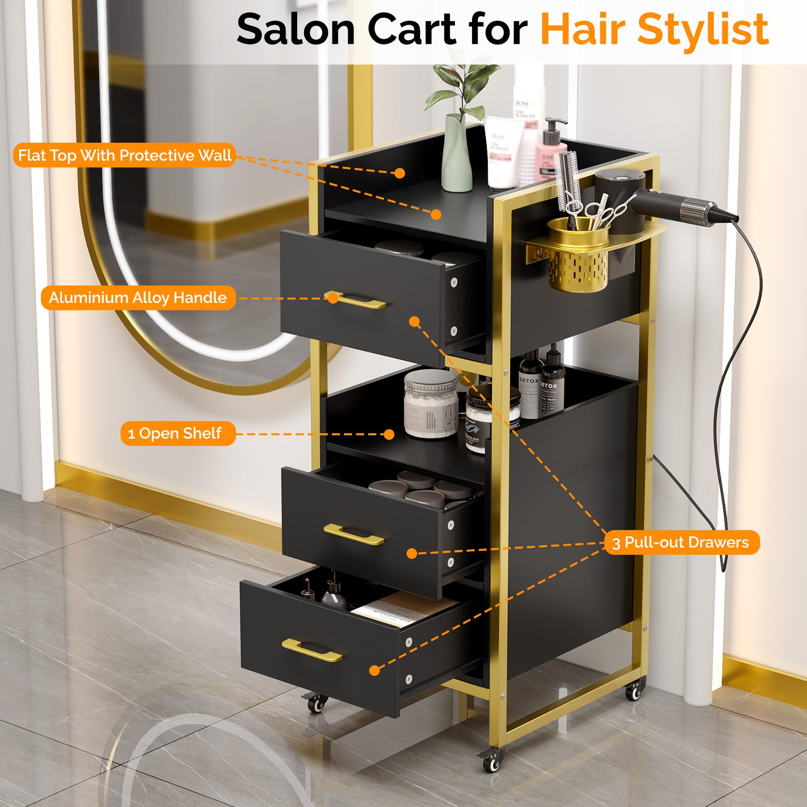 OmySalon WSCTD Wooden Mobile Salon Trolley Cart w/Wheels & 3 Drawers 2 Open Shelves 2 Tool Holders