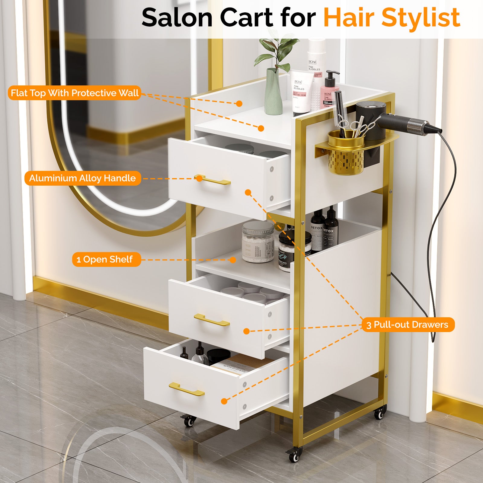 OmySalon WSCTD Wooden Mobile Salon Trolley Cart w/Wheels & 3 Drawers 2 Open Shelves 2 Tool Holders