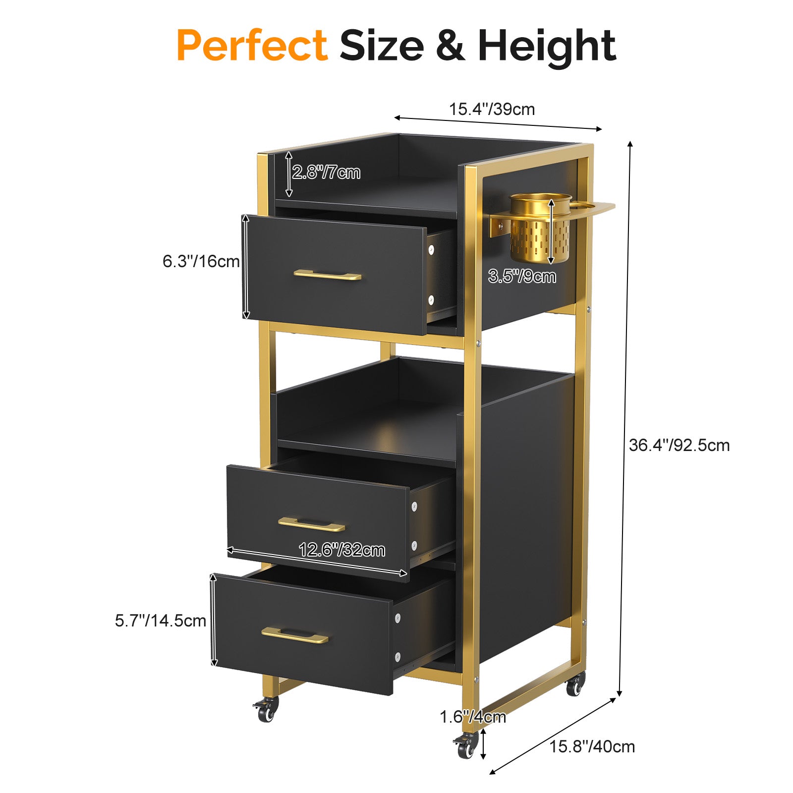 OmySalon WSCTD Wooden Mobile Salon Trolley Cart w/Wheels & 3 Drawers 2 Open Shelves 2 Tool Holders