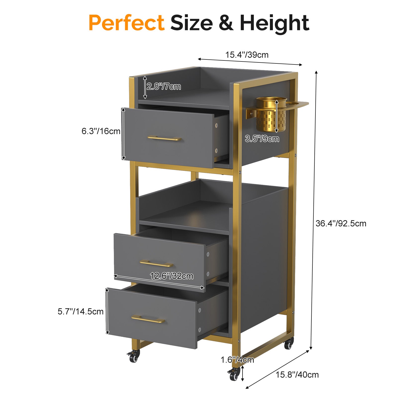 OmySalon WSCTD Wooden Mobile Salon Trolley Cart w/Wheels & 3 Drawers 2 Open Shelves 2 Tool Holders