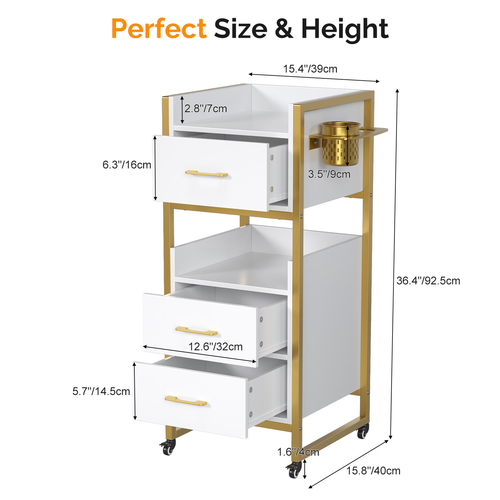 OmySalon WSCTD Wooden Mobile Salon Trolley Cart w/Wheels & 3 Drawers 2 Open Shelves 2 Tool Holders