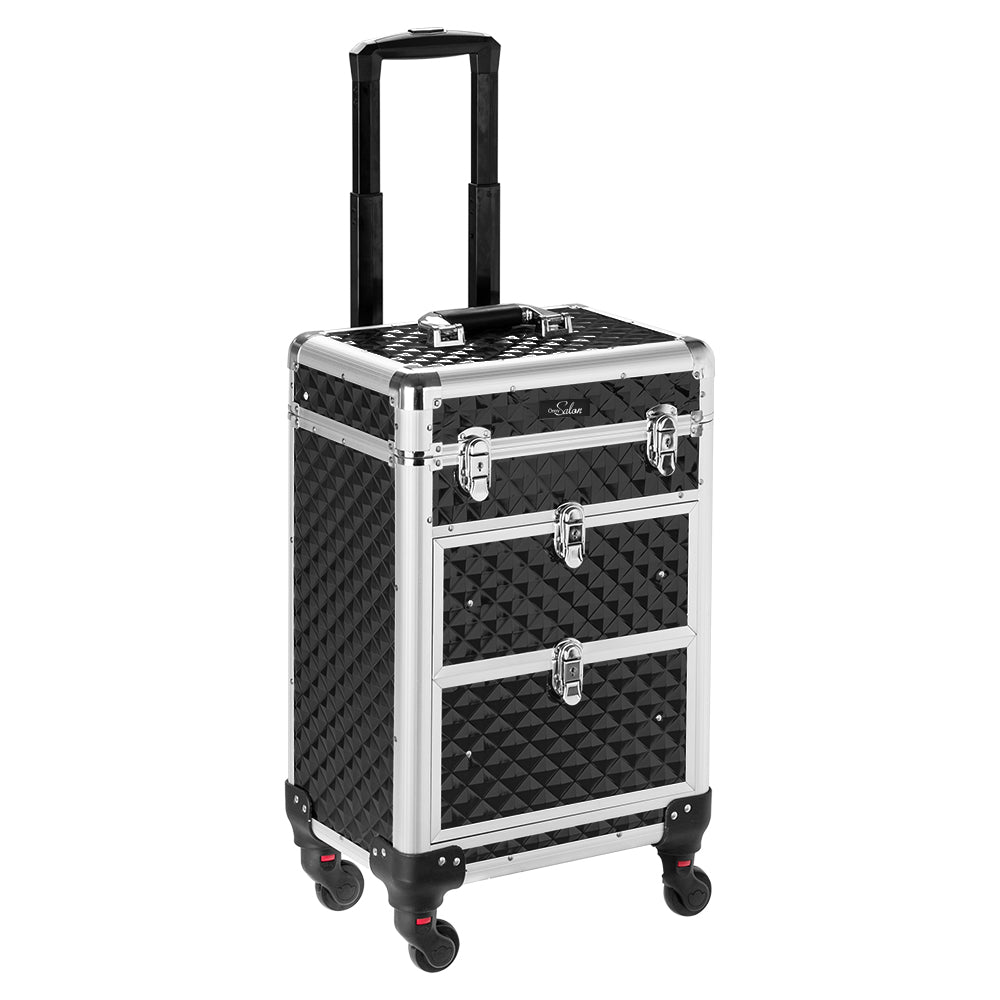 Omysalon Aluminum Train Makeup Case 360-Degree Casters & 2 Sliding Drawers with Diamond Textures Red/Black