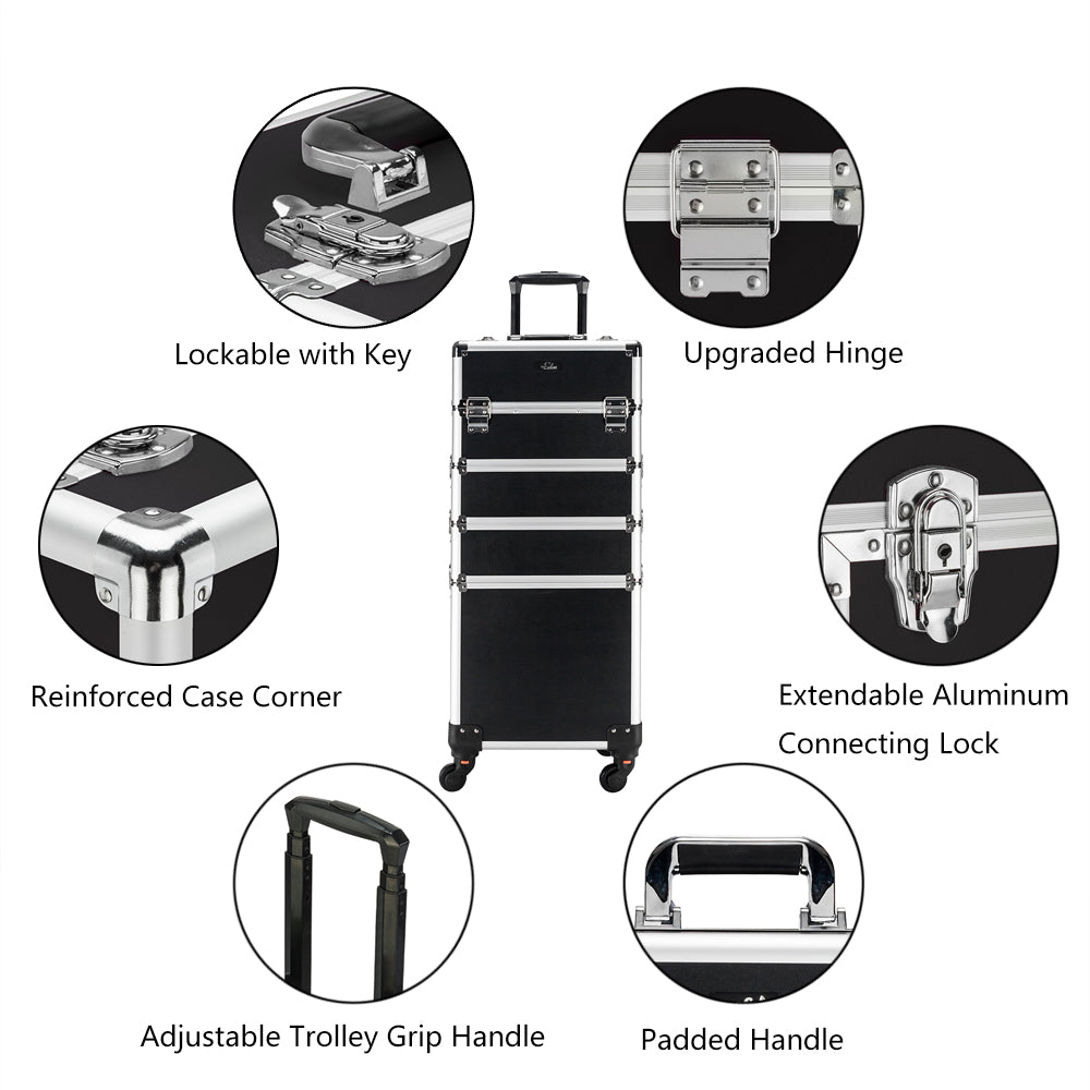 Omysalon MCA401 4-in-1 Aluminum Lockable Rolling Makeup Cosmetic Organizer Train Case