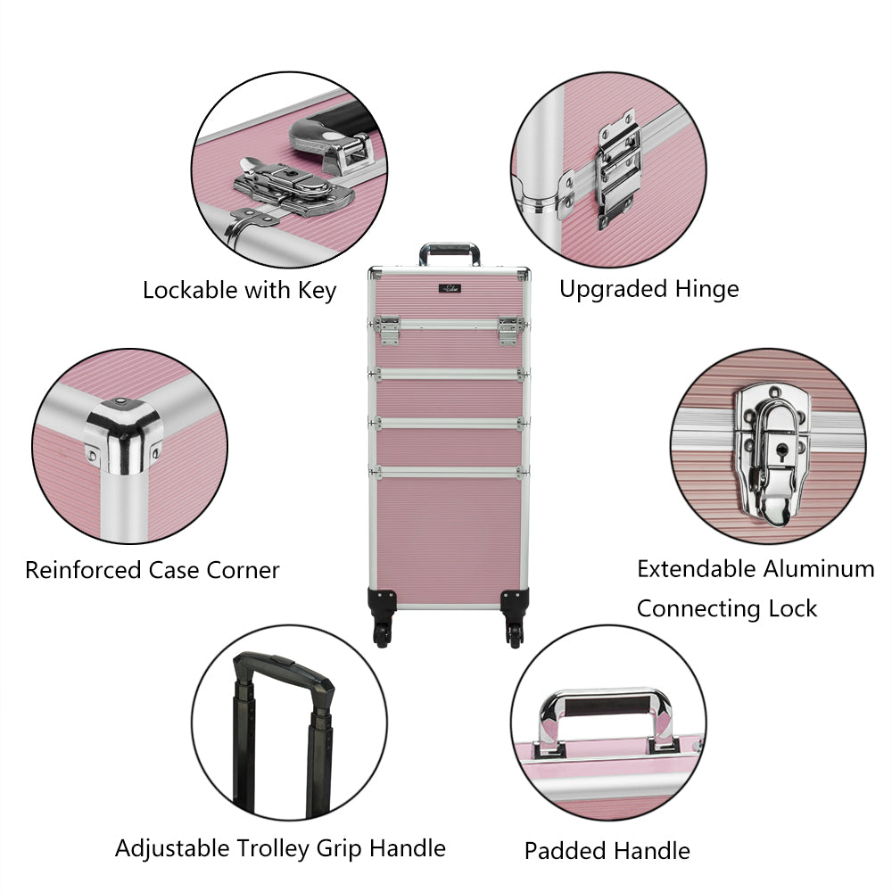 Omysalon MCA401 4-in-1 Aluminum Lockable Rolling Makeup Cosmetic Organizer Train Case