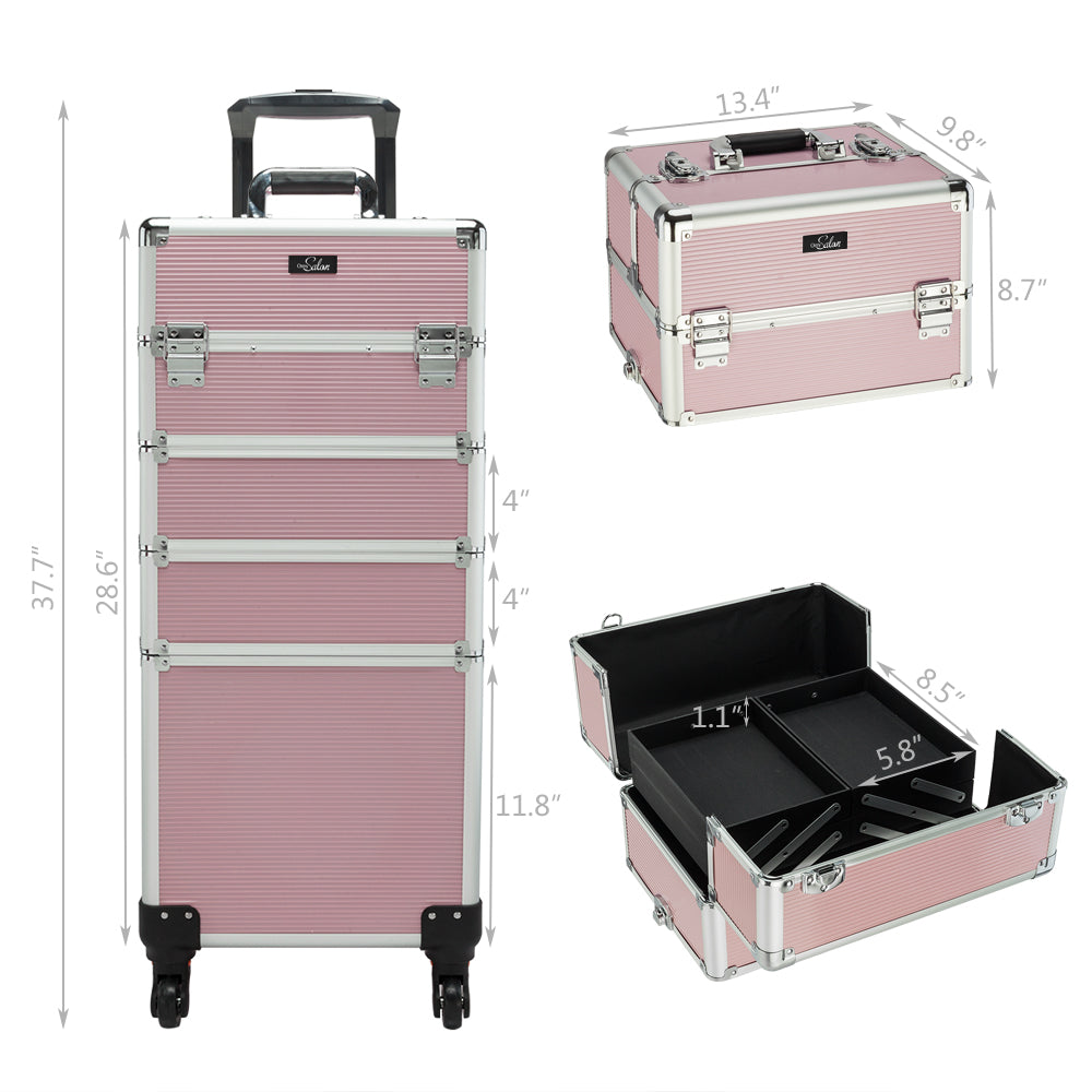 Omysalon Aluminum 4-in-1 Rolling Makeup Train Organizer Lockable Cosmetic Case Pink/Black