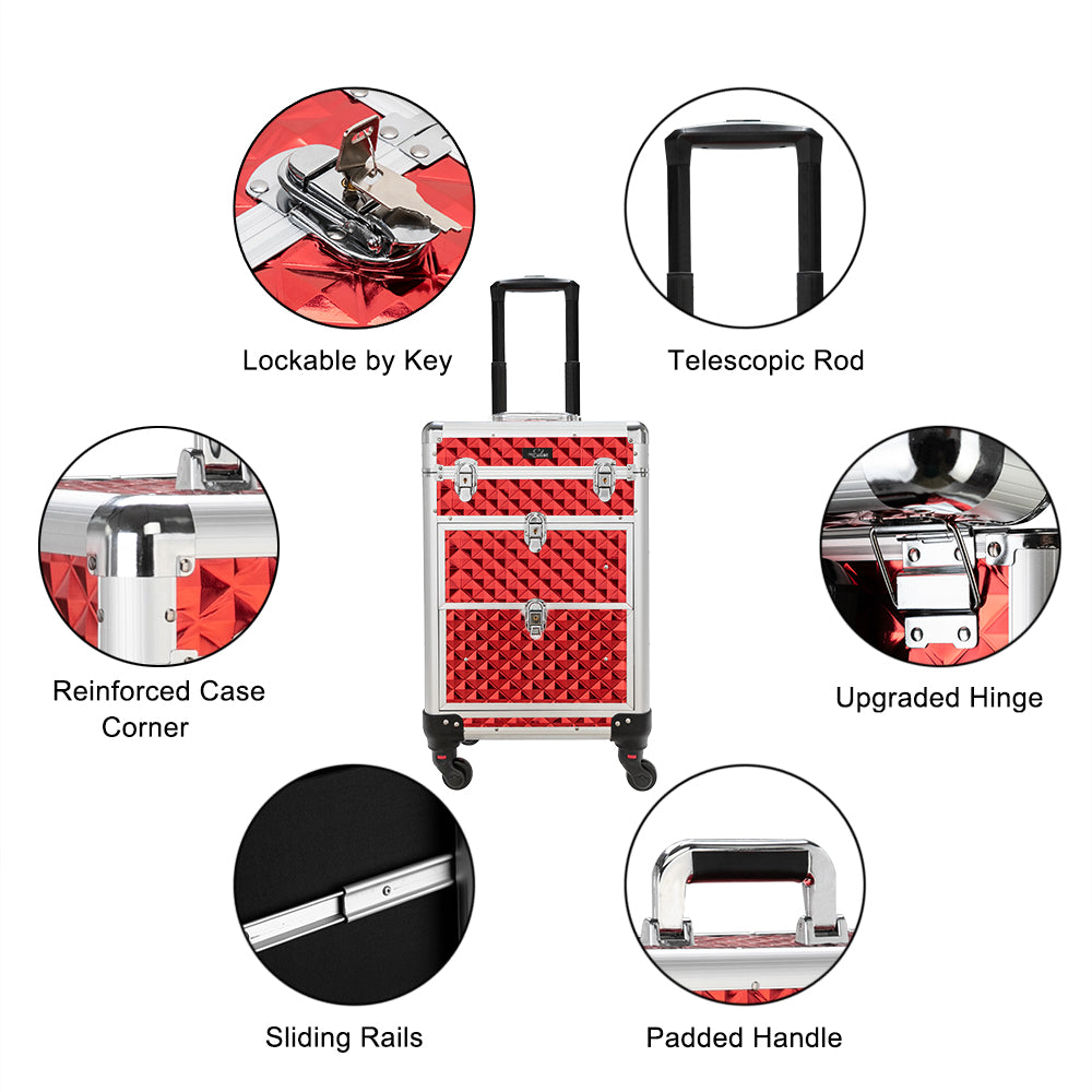 Omysalon SM7208 Aluminum Rolling Makeup Train Case with 2 Sliding Drawers & Diamond Textures