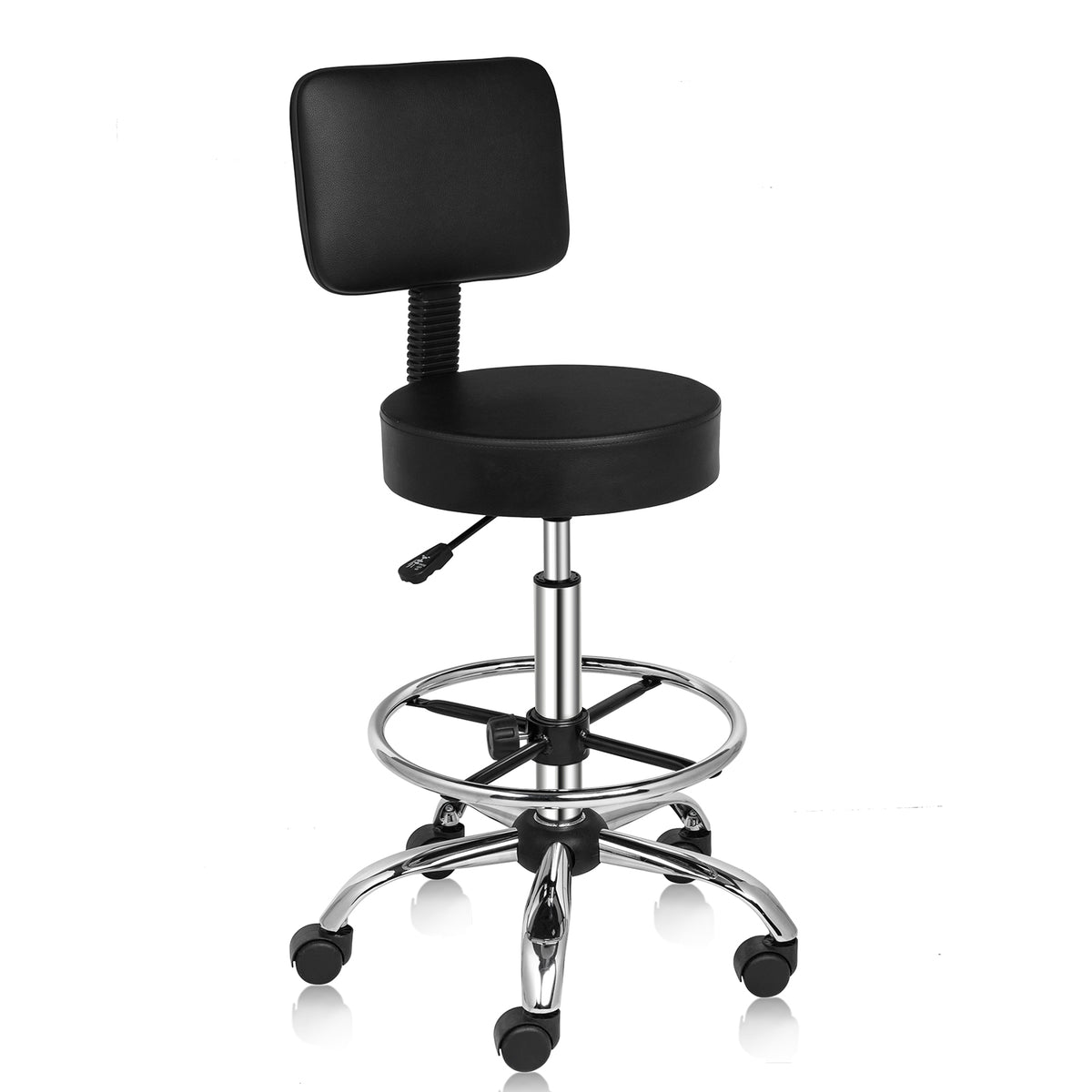 OmySalon Adjustable Rolling Saddle Stool with with Back Support on Wheels Black