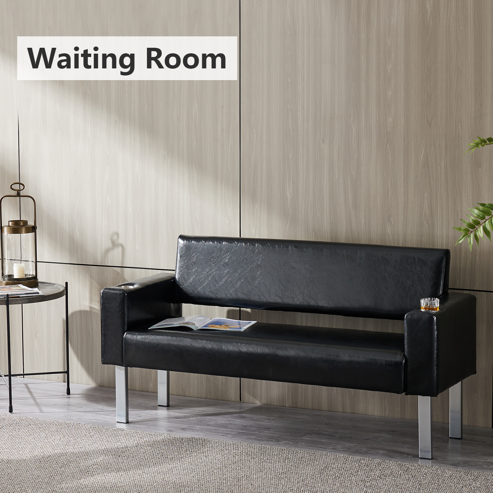 OmySalon WBWCH Modern Reception Waiting Room Bench Chair with 2 Cup Holders for Beauty Barber Salon SPA Office