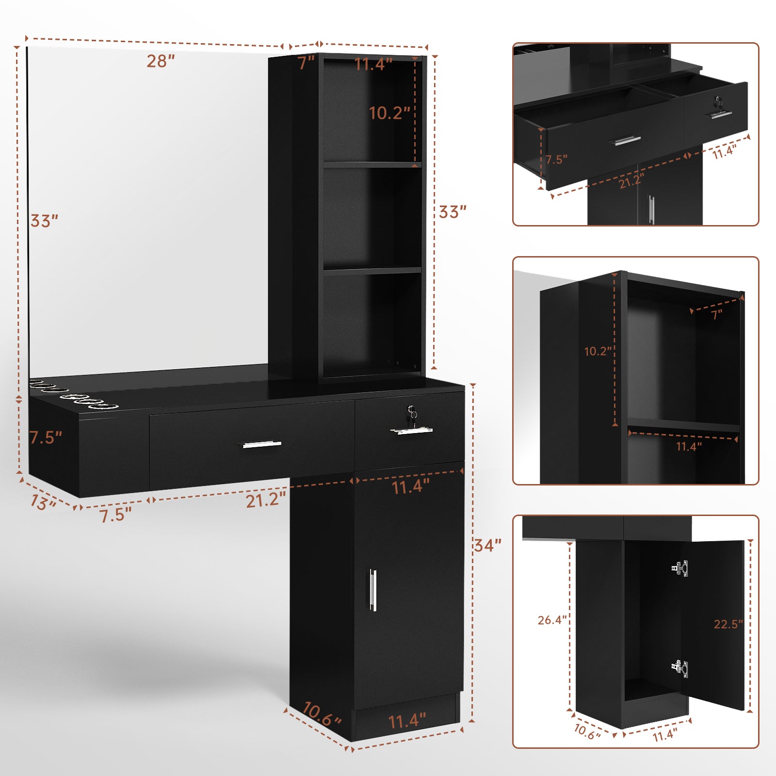 OmySalon HSC-15 Wall Mount Barber Station 2 Drawers 1 Storage Cabinet 3 Open Shelves with Mirror